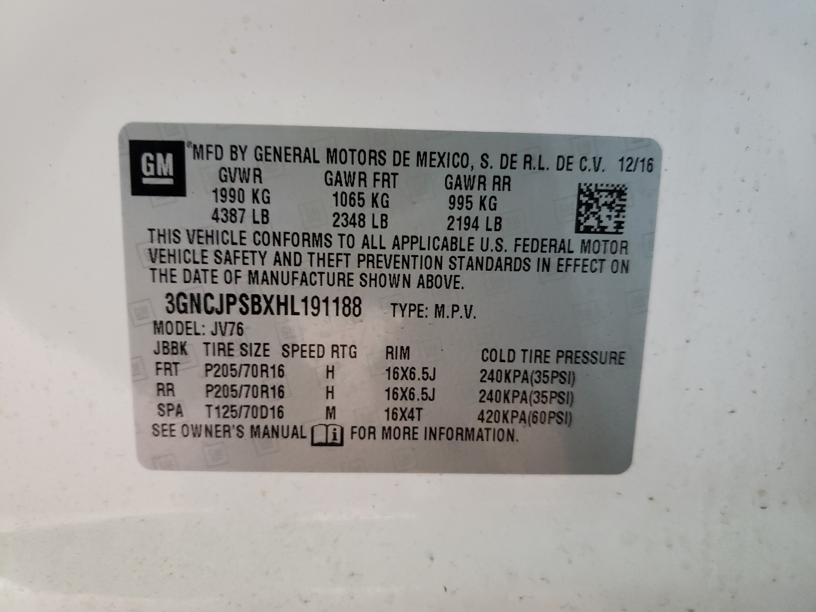Photo 10 from auction – 2017 CHEVROLET TRAX 1LT with VIN 3GNCJPSBXHL191188