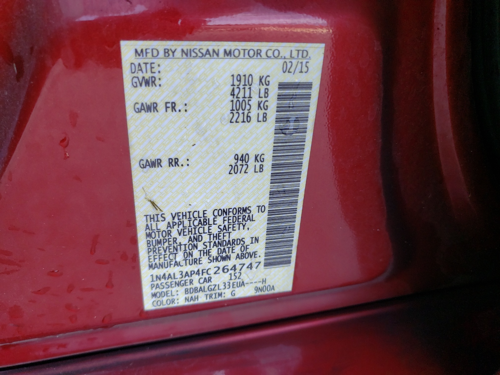 Photo 10 from auction – 2015 NISSAN ALTIMA 2.5 with VIN 1N4AL3AP4FC264747