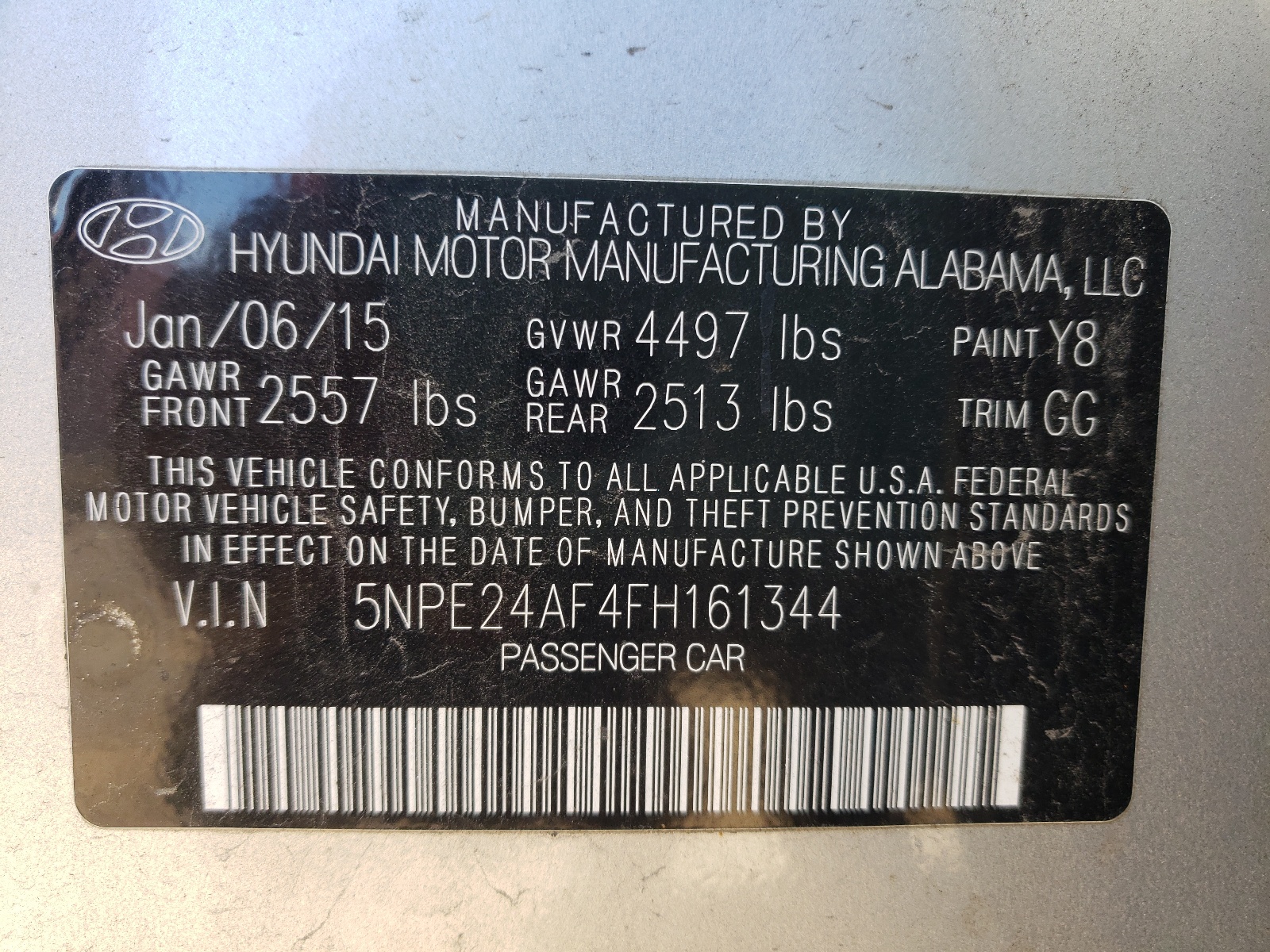 Photo 10 from auction – 2015 HYUNDAI SONATA SE with VIN 5NPE24AF4FH161344