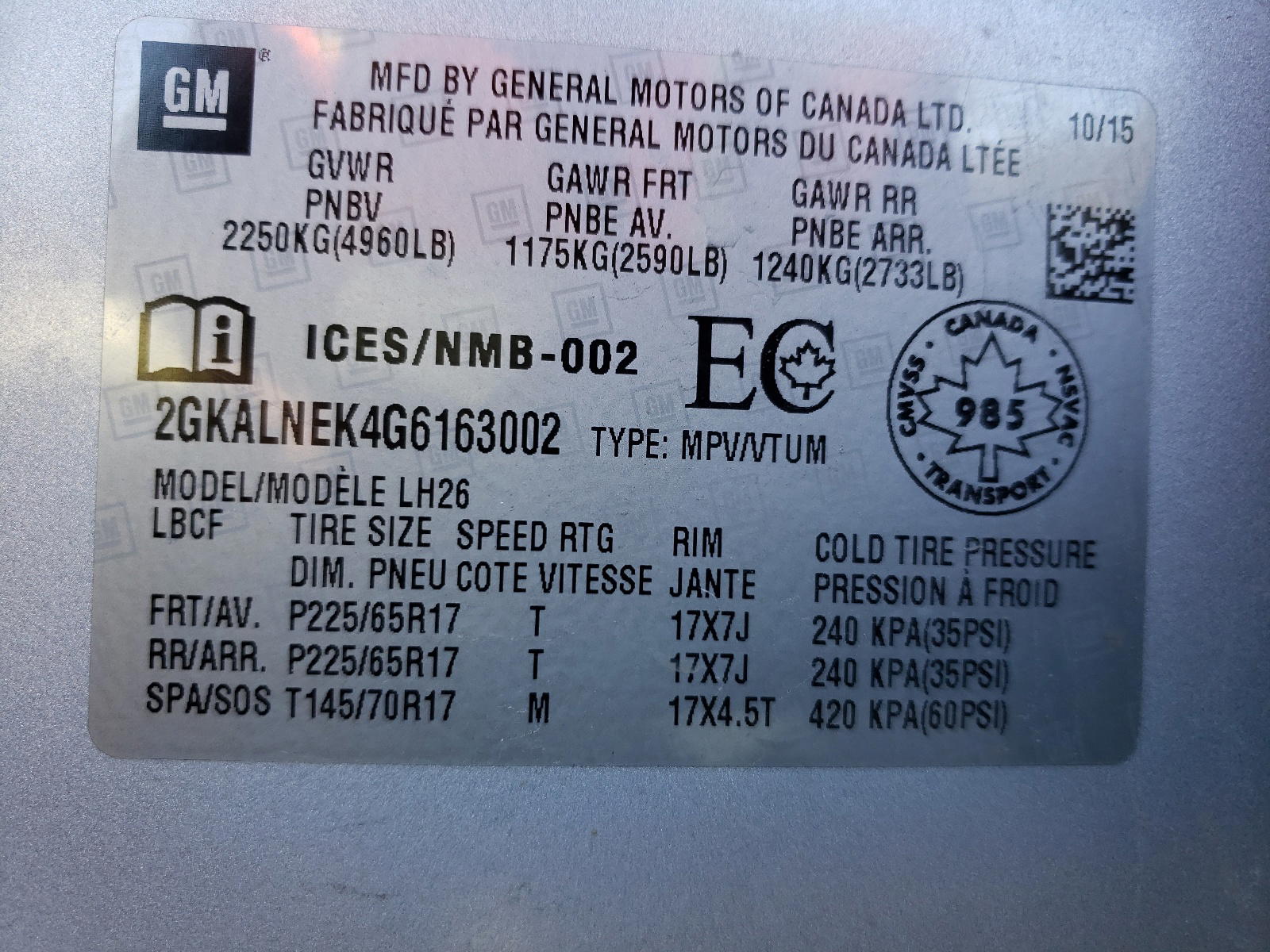 Photo 10 from auction – 2016 GMC TERRAIN SL with VIN 2GKALNEK4G6163002