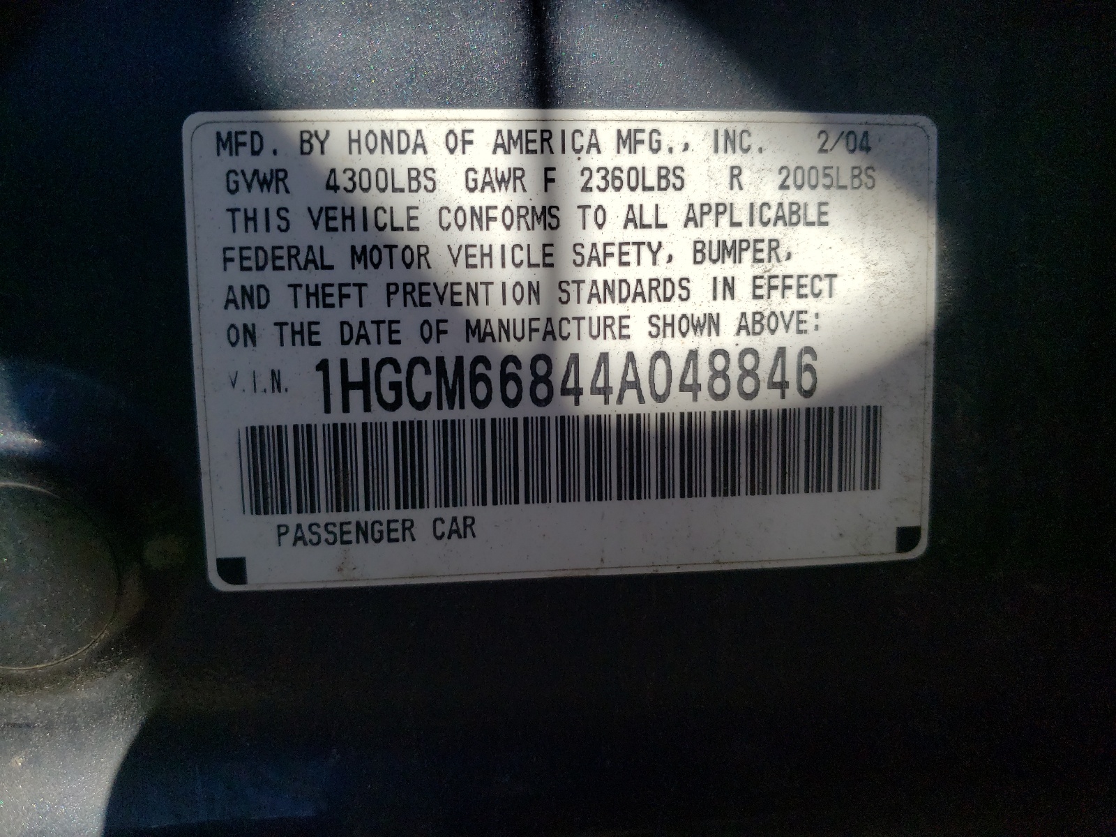 Photo 10 from auction – 2004 HONDA ACCORD EX with VIN 1HGCM66844A048846