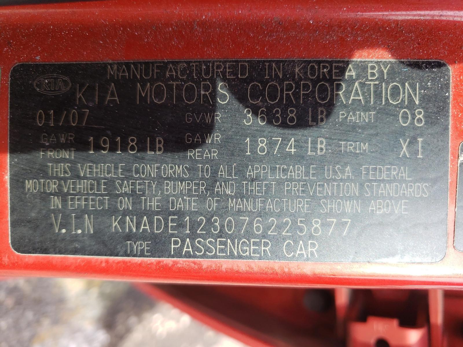 Photo 10 from auction – 2007 KIA RIO BASE with VIN KNADE123076225877