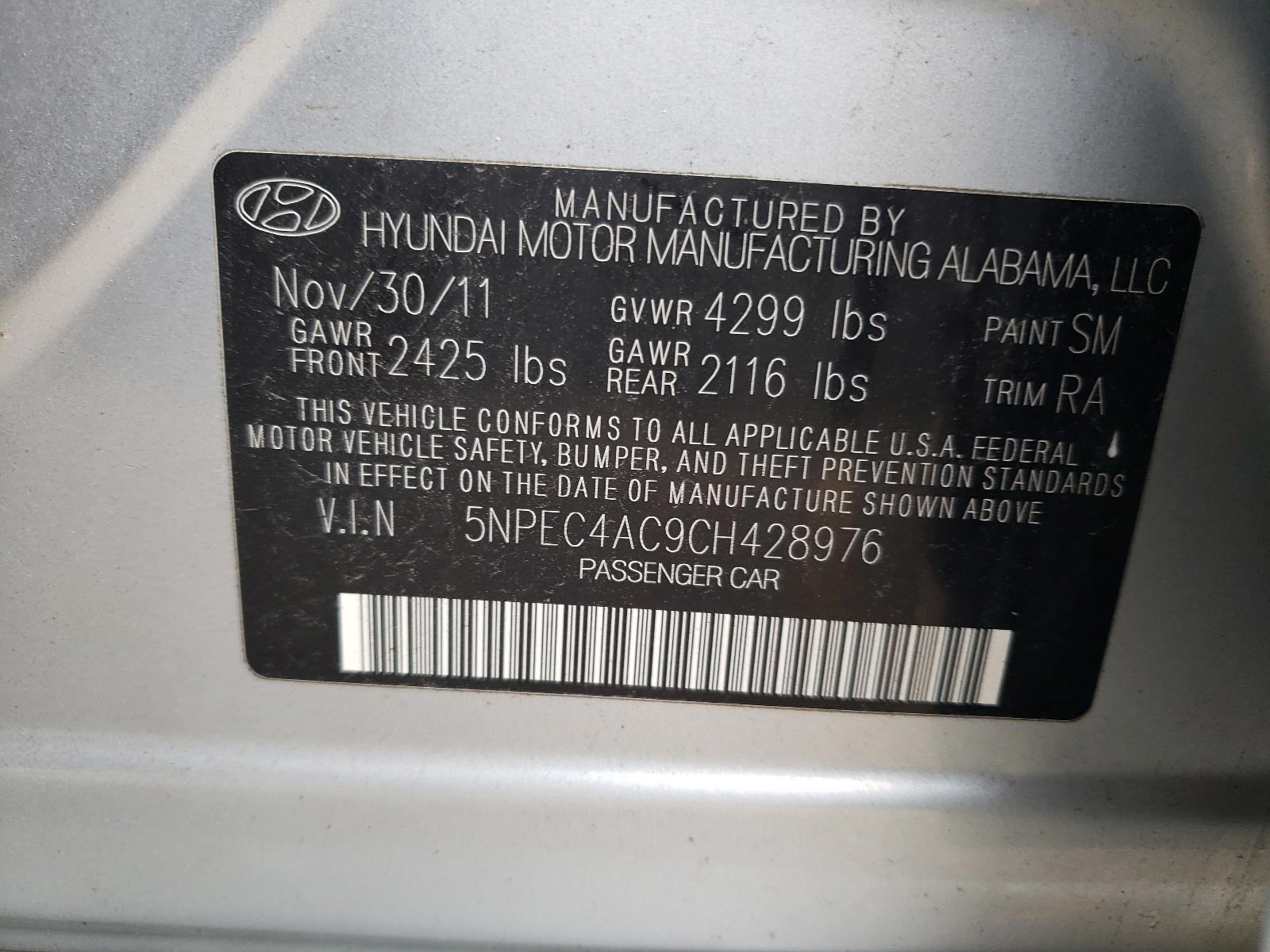 Photo 10 from auction – 2012 HYUNDAI SONATA SE with VIN 5NPEC4AC9CH428976