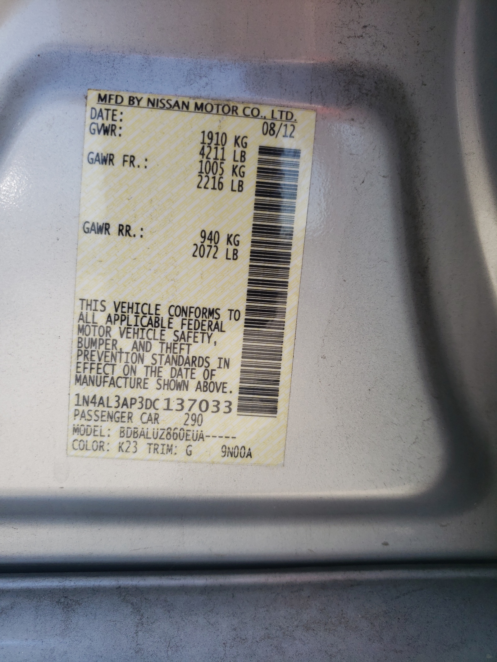 Photo 10 from auction – 2013 NISSAN ALTIMA 2.5 with VIN 1N4AL3AP3DC137033