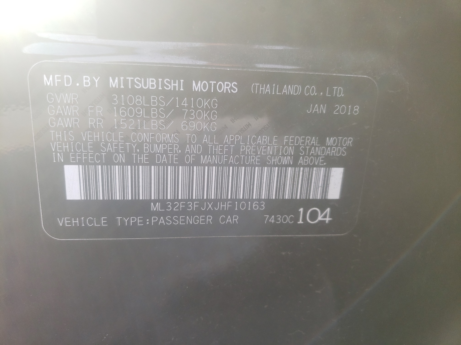 Photo 10 from auction – 2018 MITSUBISHI MIRAGE G4 with VIN ML32F3FJXJHF10163