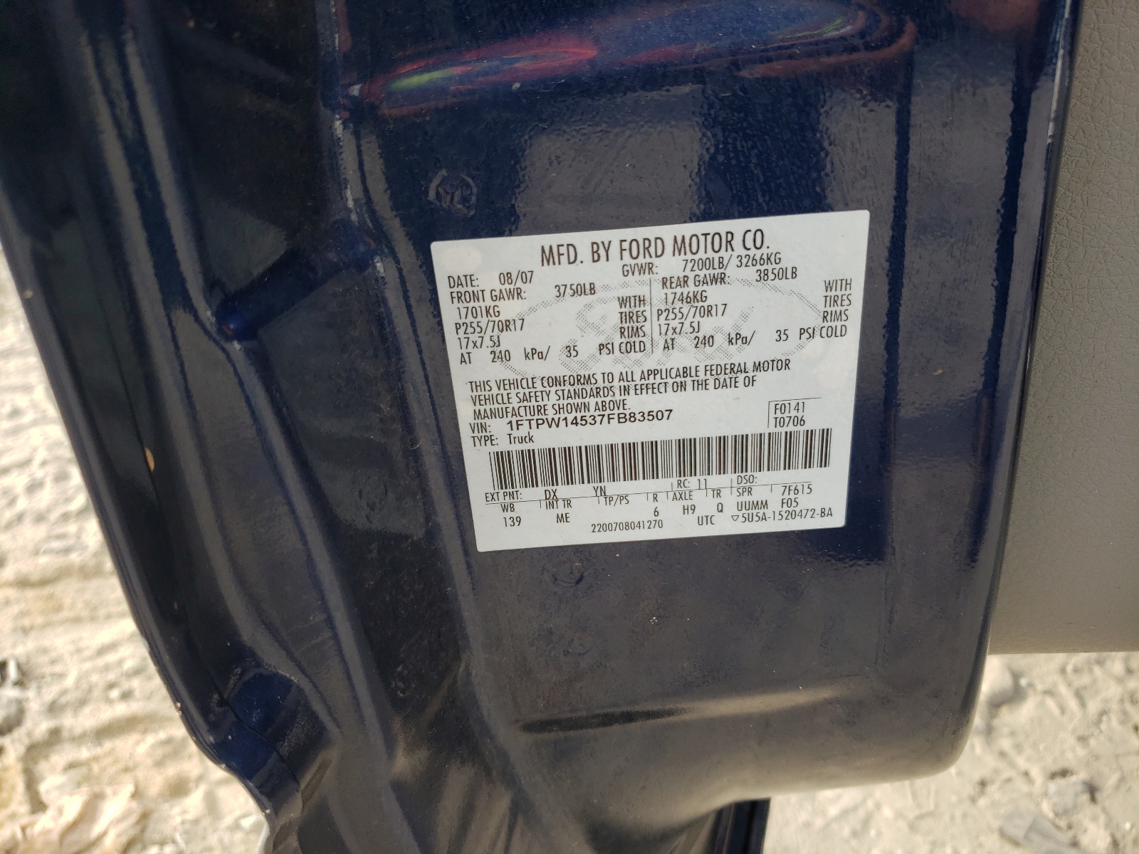 Photo 10 from auction – 2007 FORD F150 SUPER with VIN 1FTPW14537FB83507
