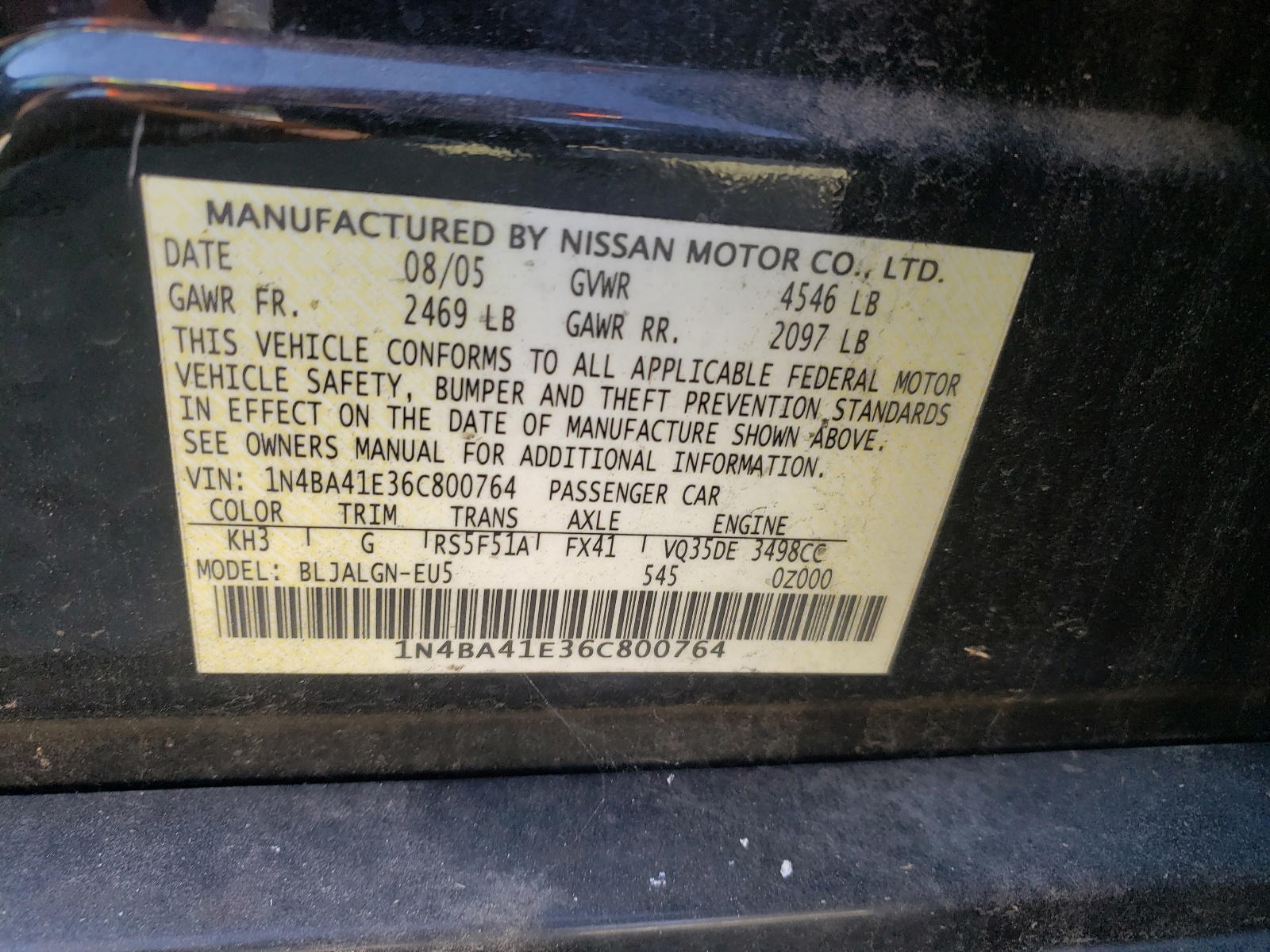 Photo 10 from auction – 2006 NISSAN MAXIMA with VIN 1N4BA41E36C800764