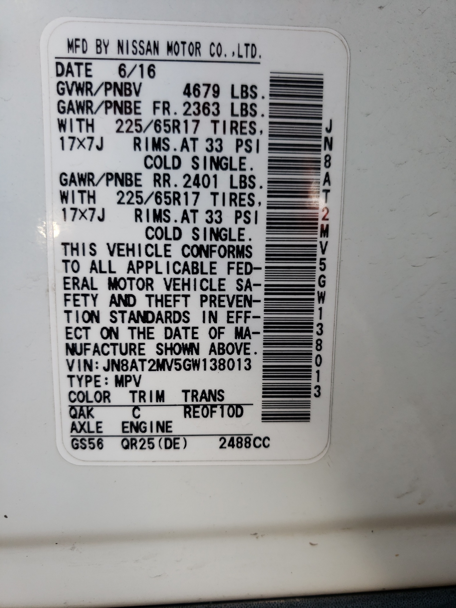 Photo 10 from auction – 2016 NISSAN ROGUE S with VIN JN8AT2MV5GW138013