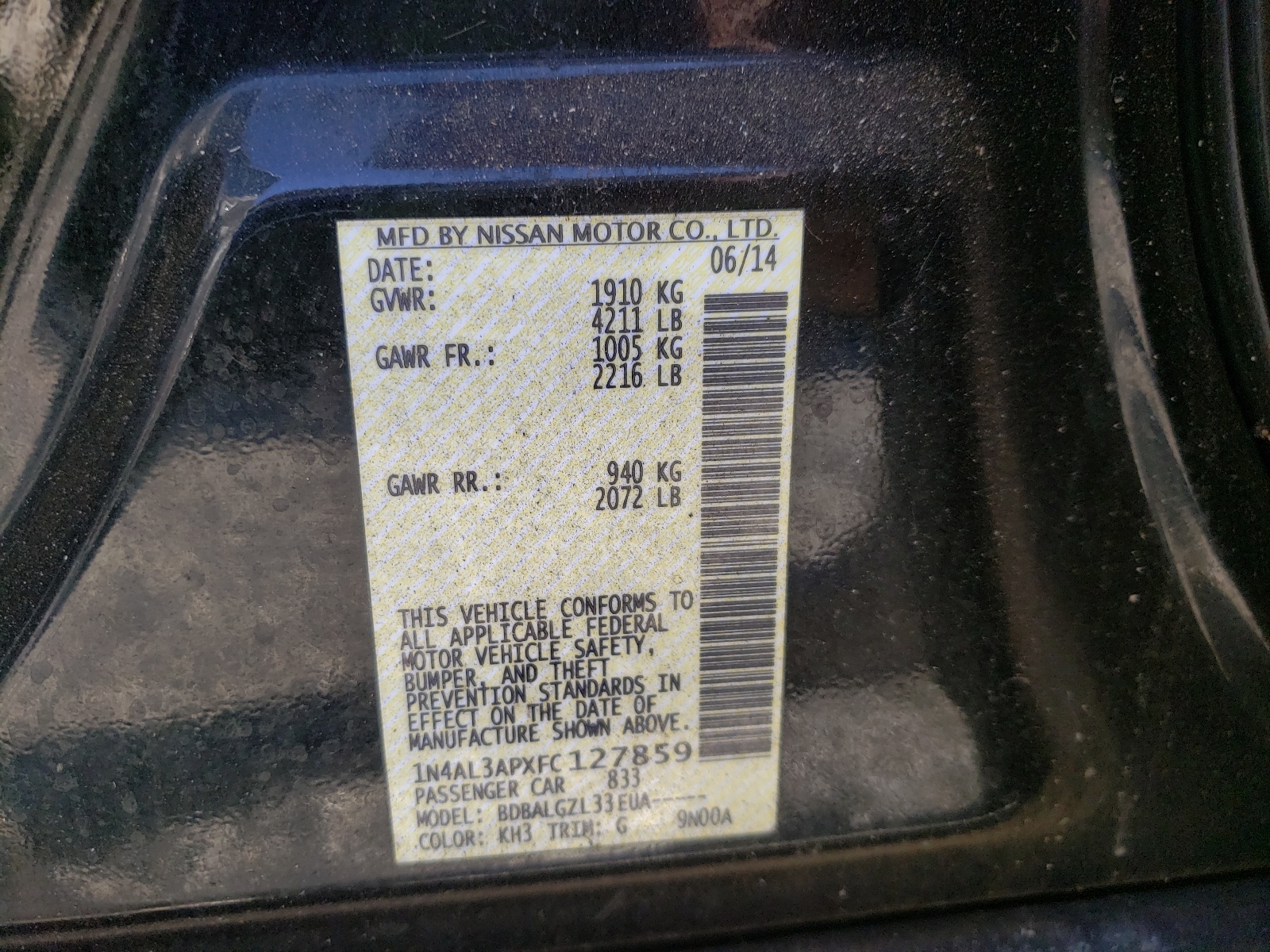 Photo 10 from auction – 2015 NISSAN ALTIMA 2.5 with VIN 1N4AL3APXFC127859
