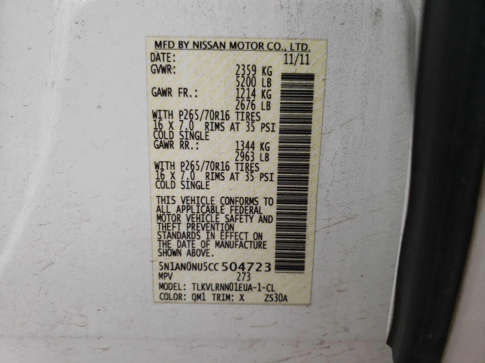 Photo 10 from auction – 2012 NISSAN XTERRA OFF with VIN 5N1AN0NU5CC504723