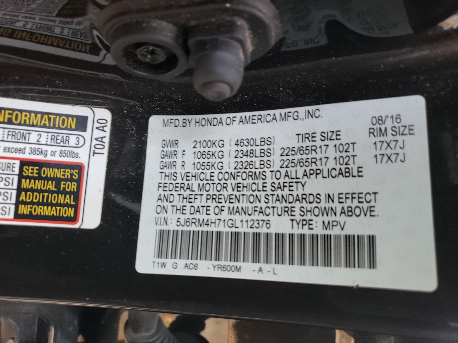 Photo 10 from auction – 2016 HONDA CR-V EXL with VIN 5J6RM4H71GL112376