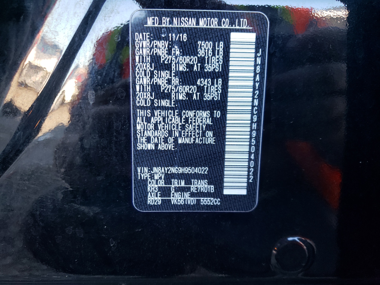 Photo 10 from auction – 2017 NISSAN ARMADA SV with VIN JN8AY2NC9H9504022