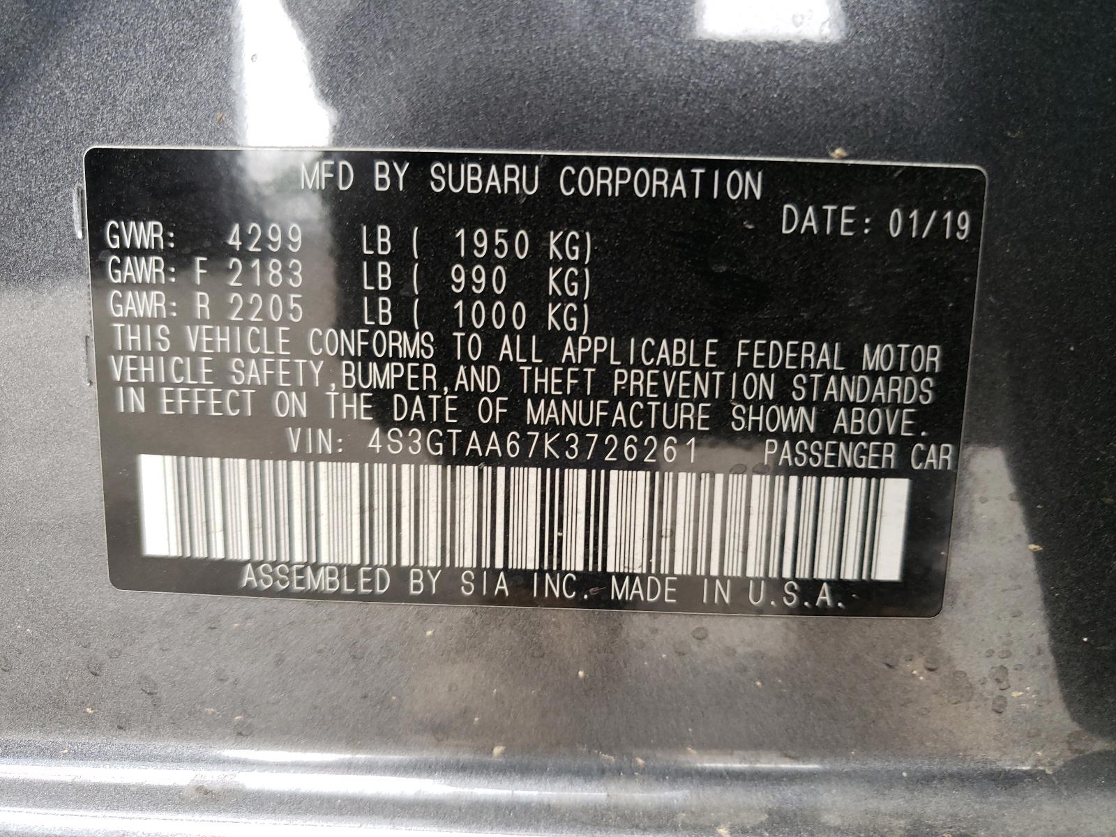 Photo 10 from auction – 2019 SUBARU IMPREZA with VIN 4S3GTAA67K3726261