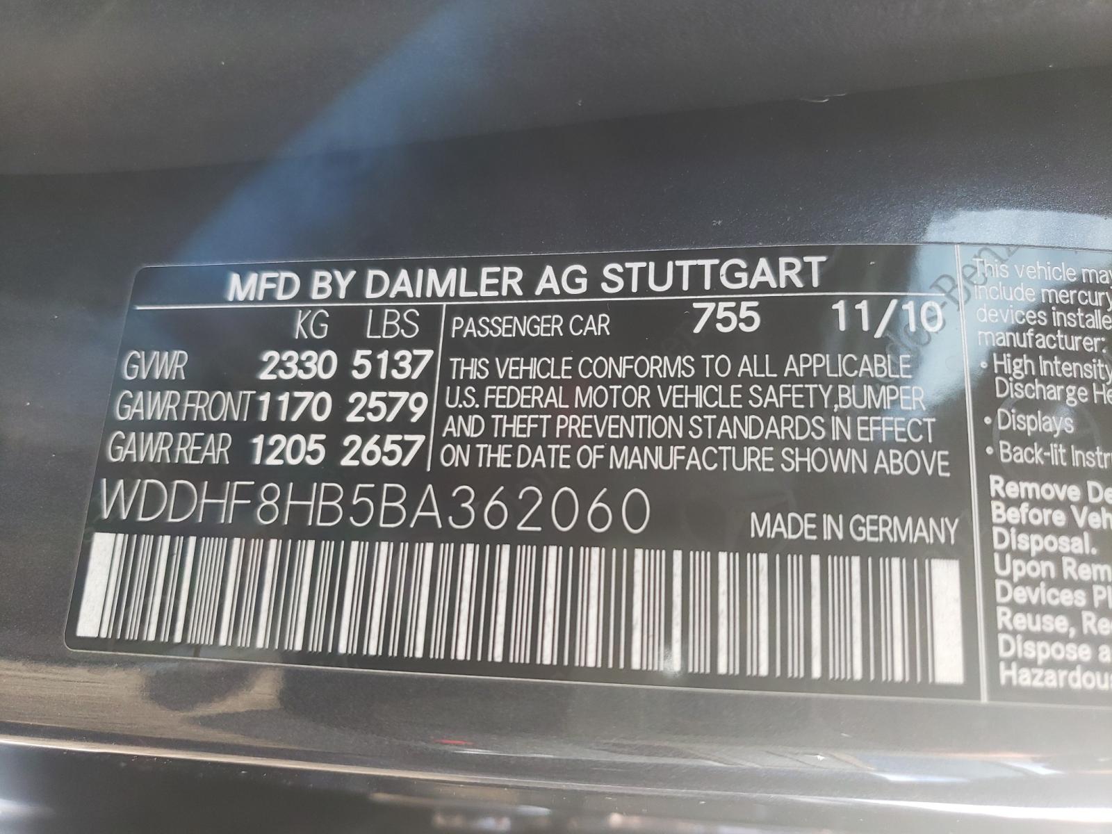 Photo 10 from auction – 2011 MERCEDES-BENZ E 350 4MAT with VIN WDDHF8HB5BA362060