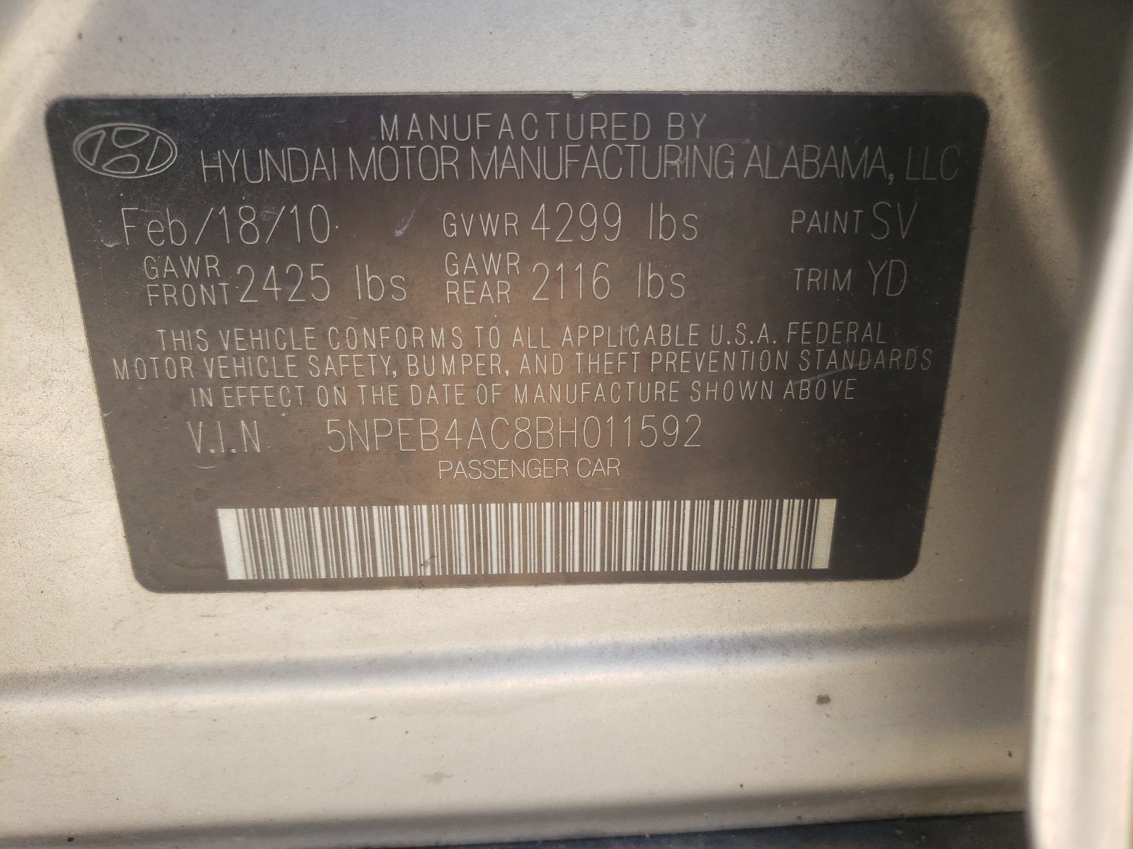 Photo 10 from auction – 2011 HYUNDAI SONATA GLS with VIN 5NPEB4AC8BH011592