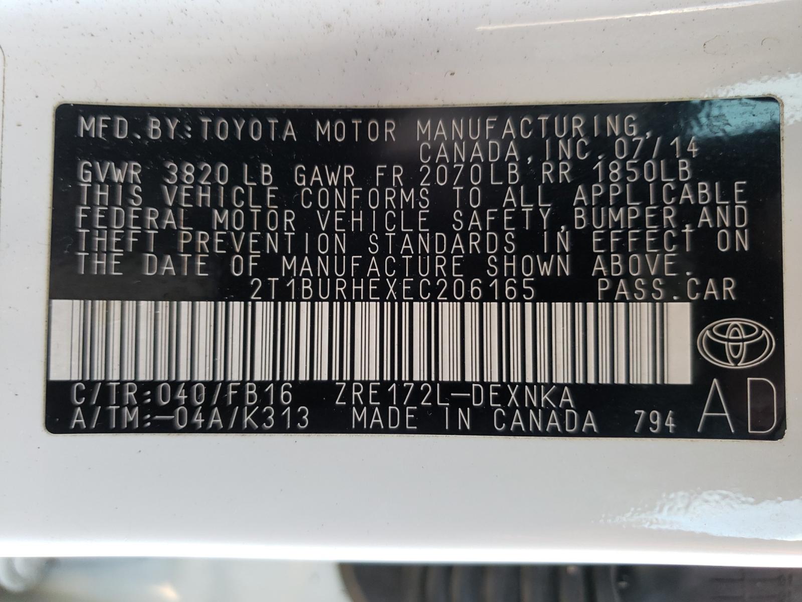 Photo 10 from auction – 2014 TOYOTA COROLLA L with VIN 2T1BURHEXEC206165