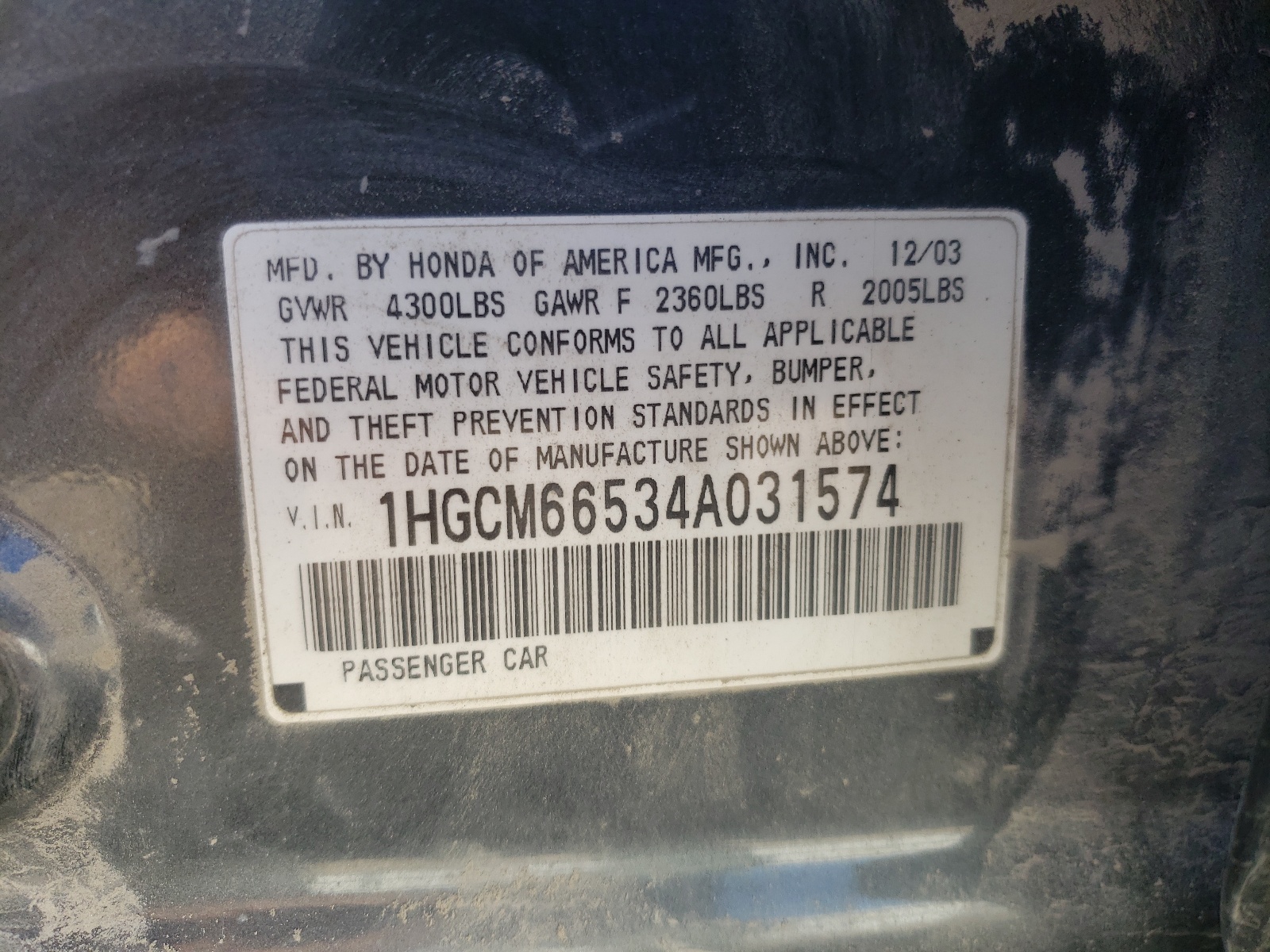 Photo 10 from auction – 2004 HONDA ACCORD EX with VIN 1HGCM66534A031574