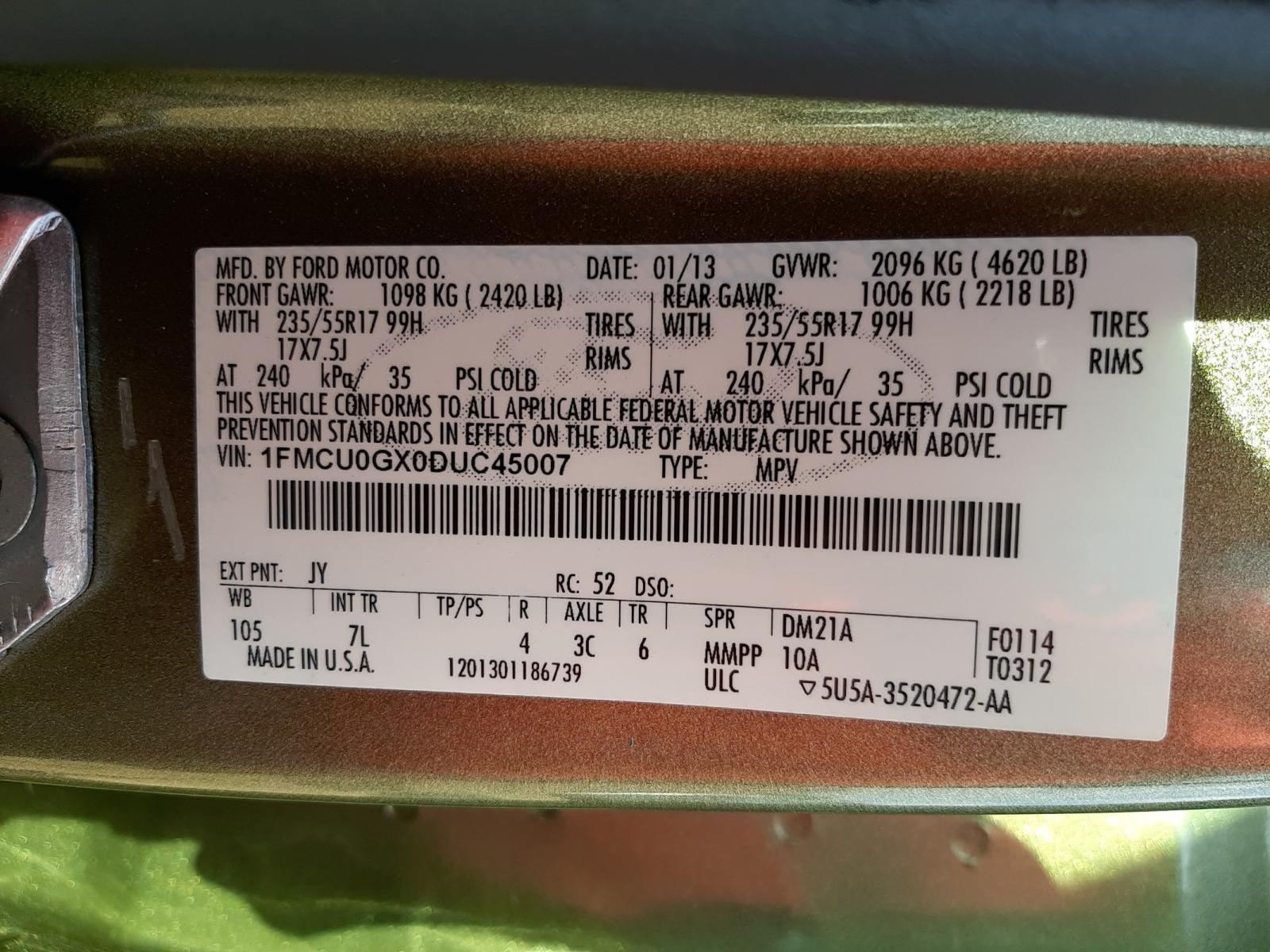 Photo 10 from auction – 2013 FORD ESCAPE SE with VIN 1FMCU0GX0DUC45007