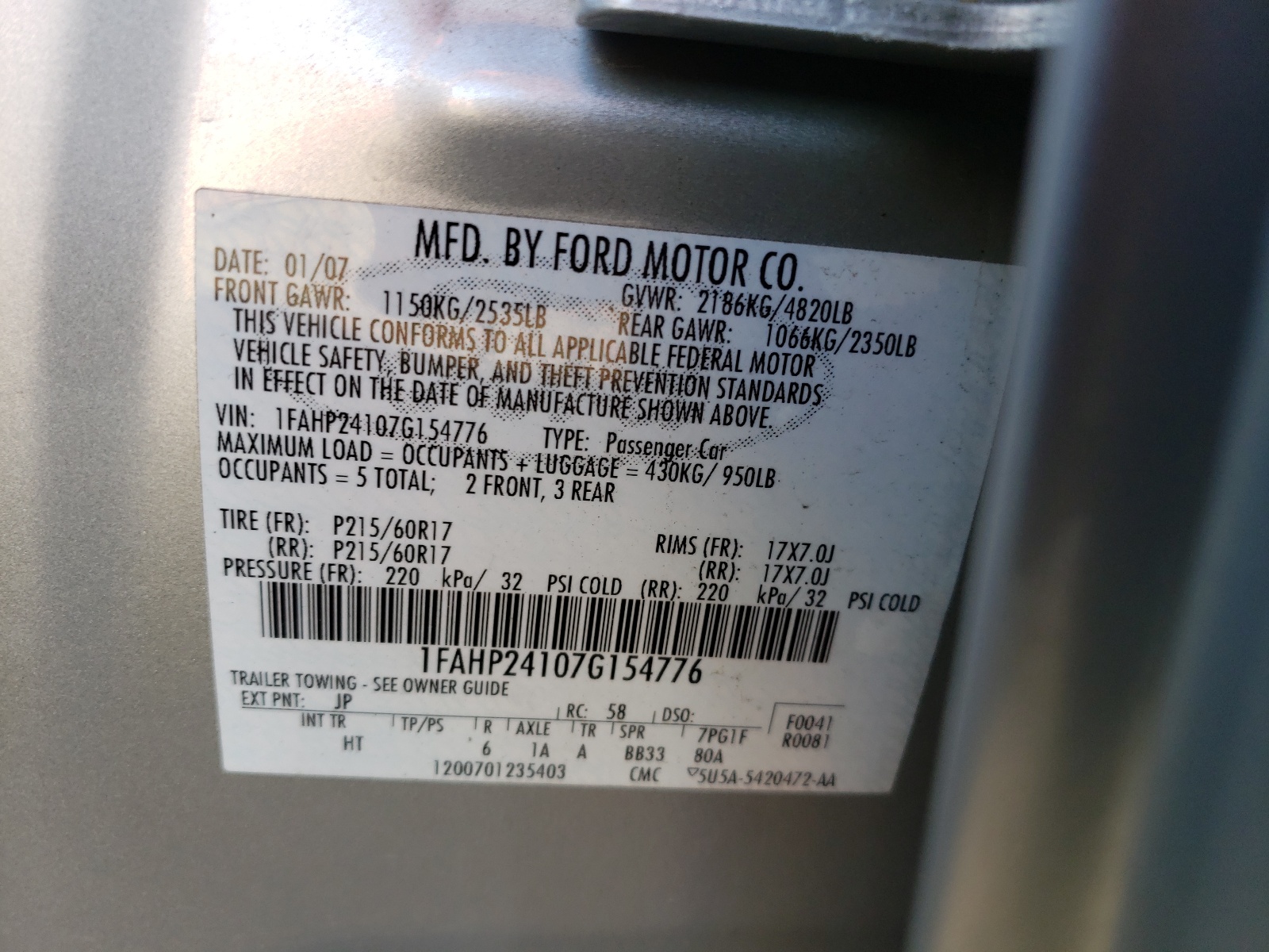 Photo 10 from auction – 2007 FORD FIVE HUNDR with VIN 1FAHP24107G154776