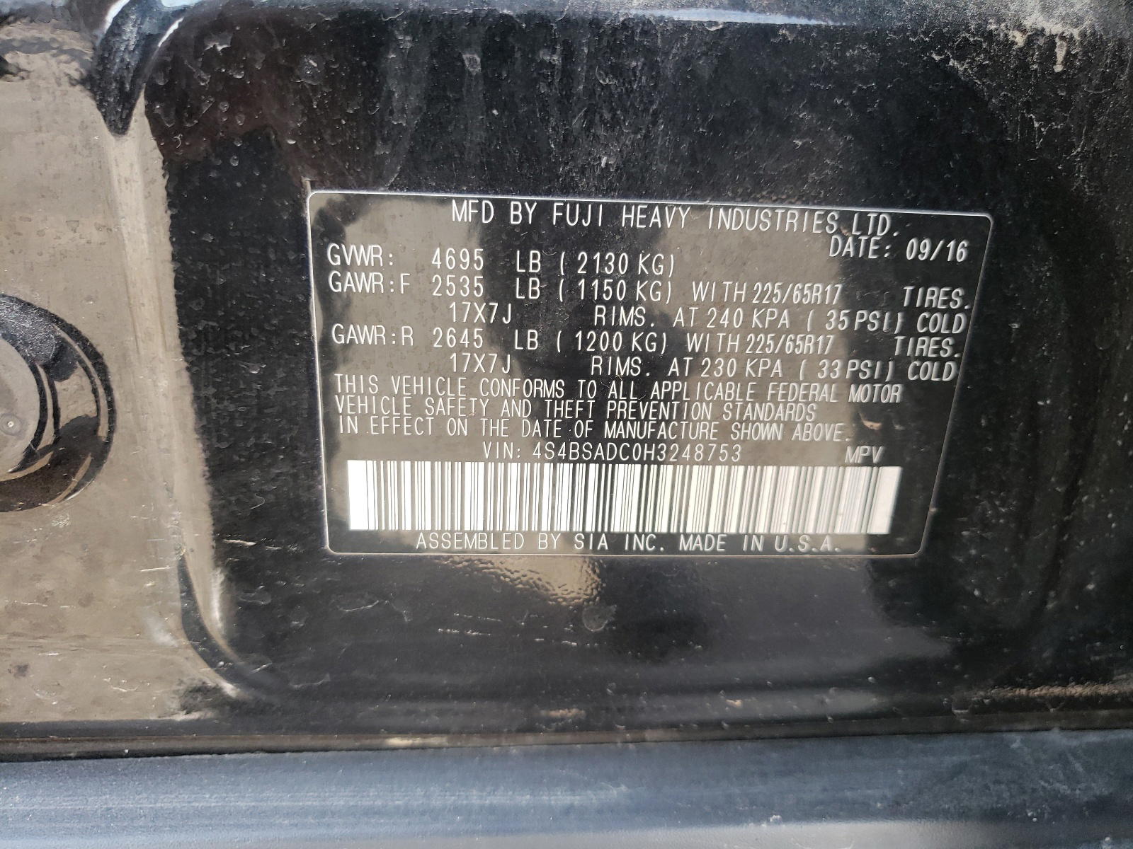 Photo 10 from auction – 2017 SUBARU OUTBACK 2. with VIN 4S4BSADC0H3248753