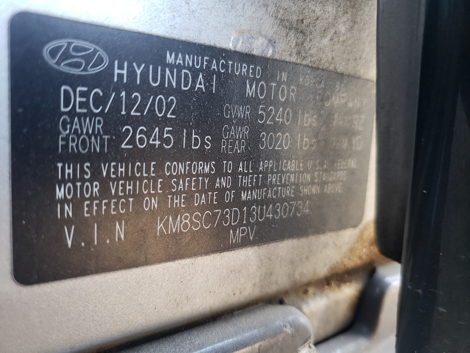 Photo 10 from auction – 2003 HYUNDAI SANTA FE G with VIN KM8SC73D13U430734