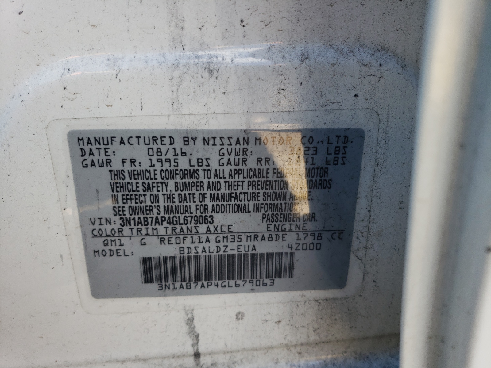 Photo 10 from auction – 2016 NISSAN SENTRA S with VIN 3N1AB7AP4GL679063