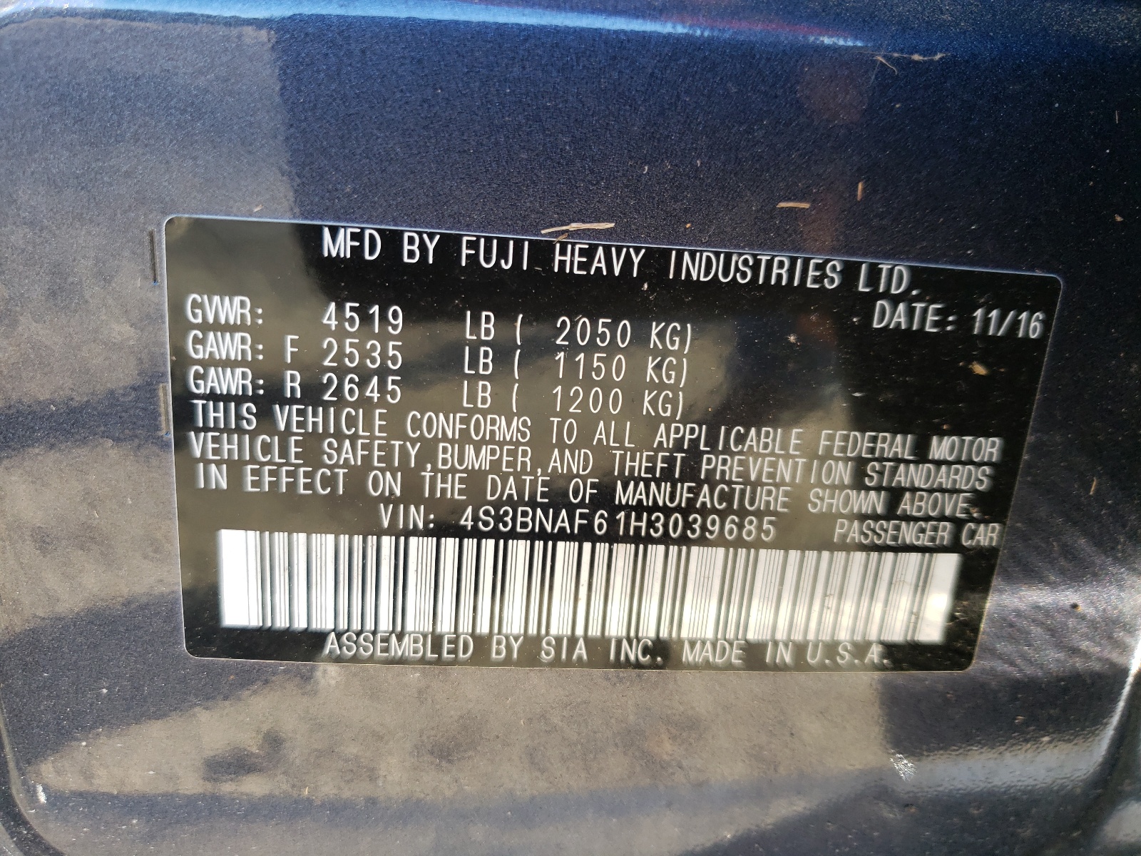 Photo 10 from auction – 2017 SUBARU LEGACY 2.5 with VIN 4S3BNAF61H3039685