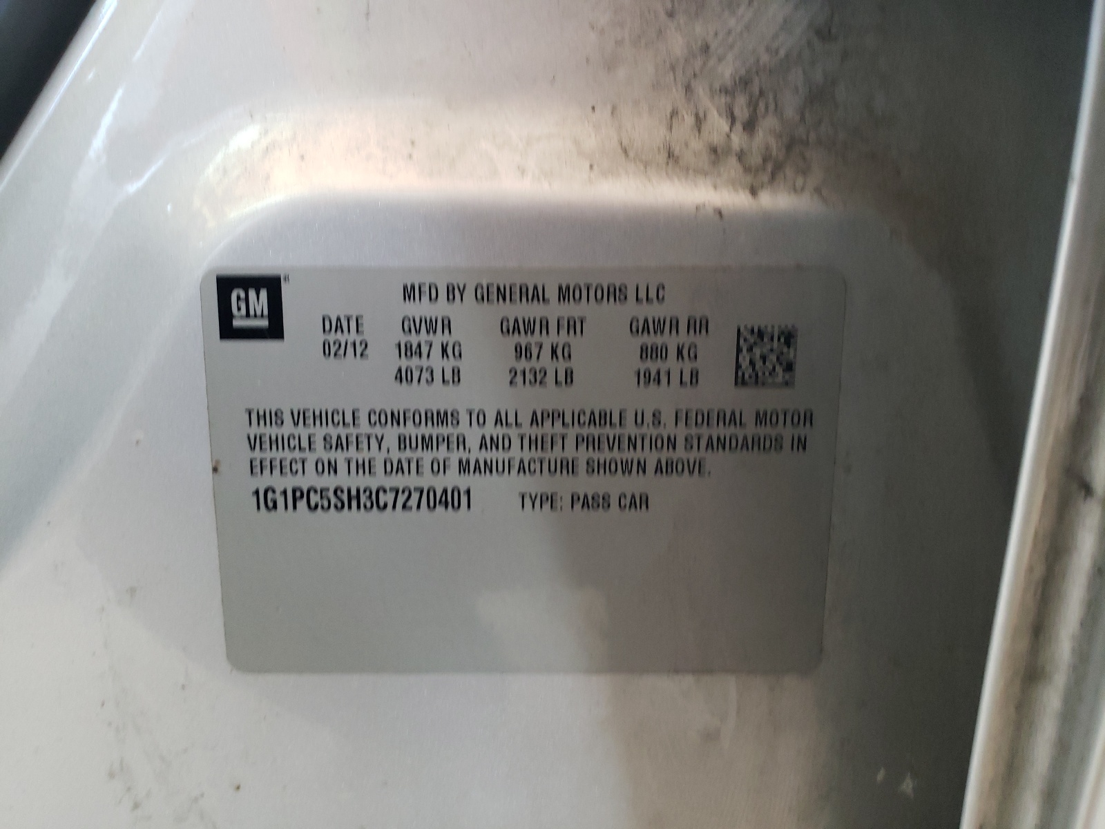 Photo 10 from auction – 2012 CHEVROLET CRUZE with VIN 1G1PC5SH3C7270401