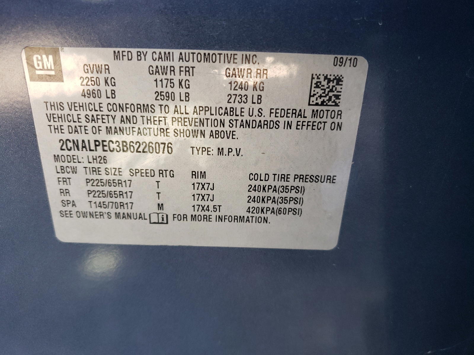 Photo 10 from auction – 2011 CHEVROLET EQUINOX LT with VIN 2CNALPEC3B6226076