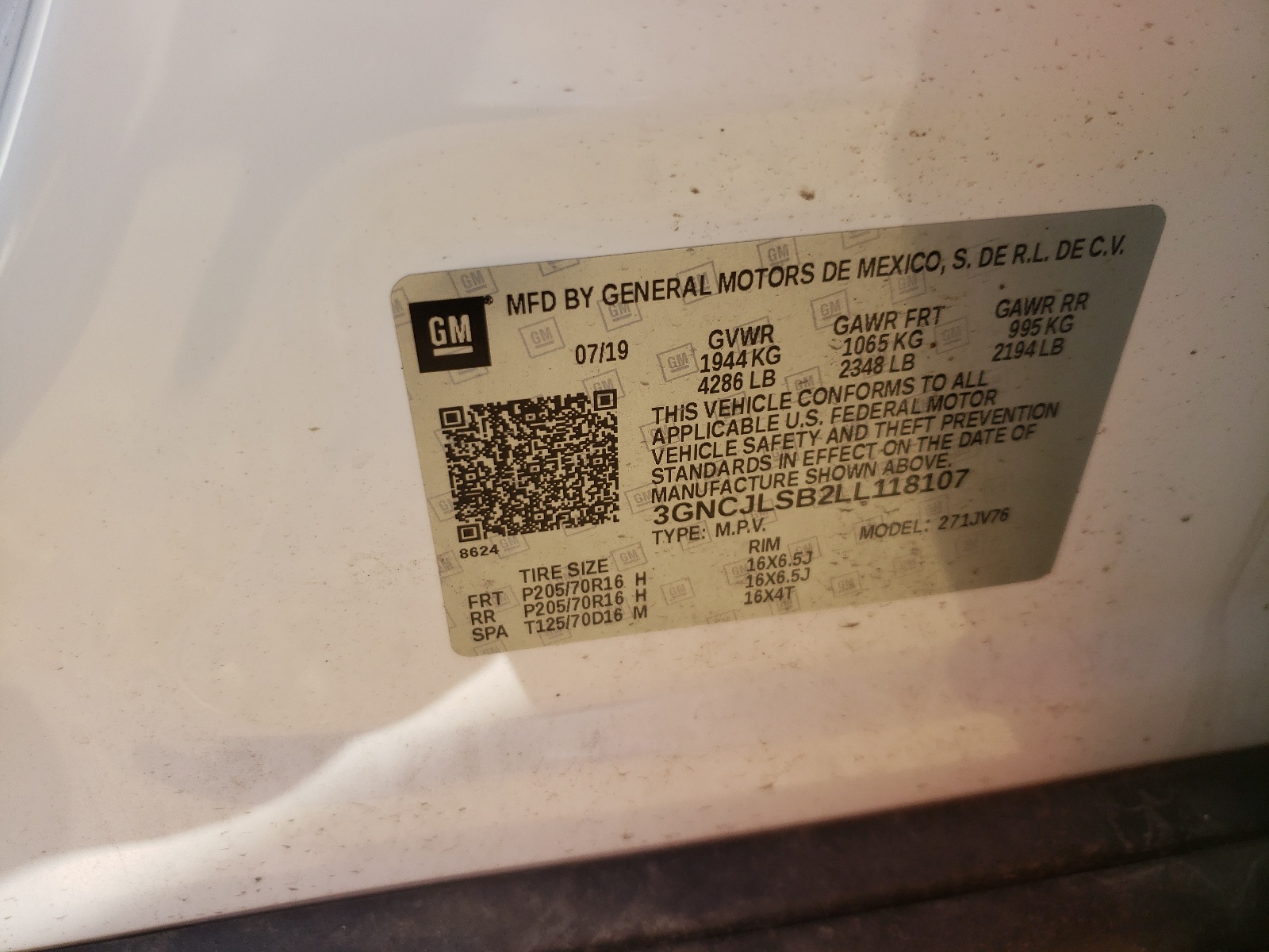 Photo 10 from auction – 2020 CHEVROLET TRAX 1LT with VIN 3GNCJLSB2LL118107