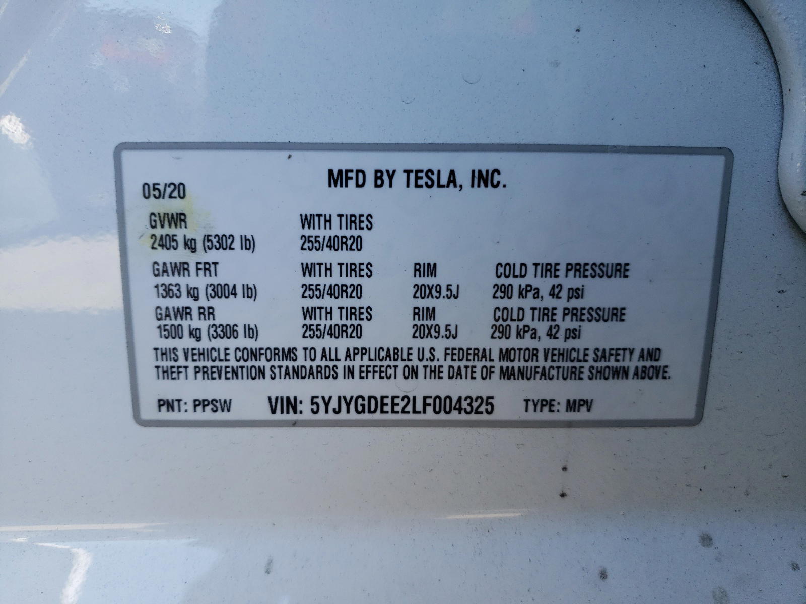 Photo 10 from auction – 2020 TESLA MODEL Y with VIN 5YJYGDEE2LF004325