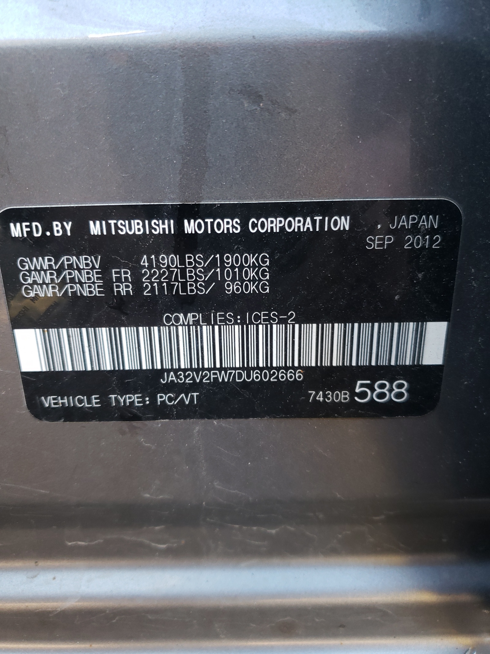 Photo 10 from auction – 2013 MITSUBISHI LANCER SE with VIN JA32V2FW7DU602666