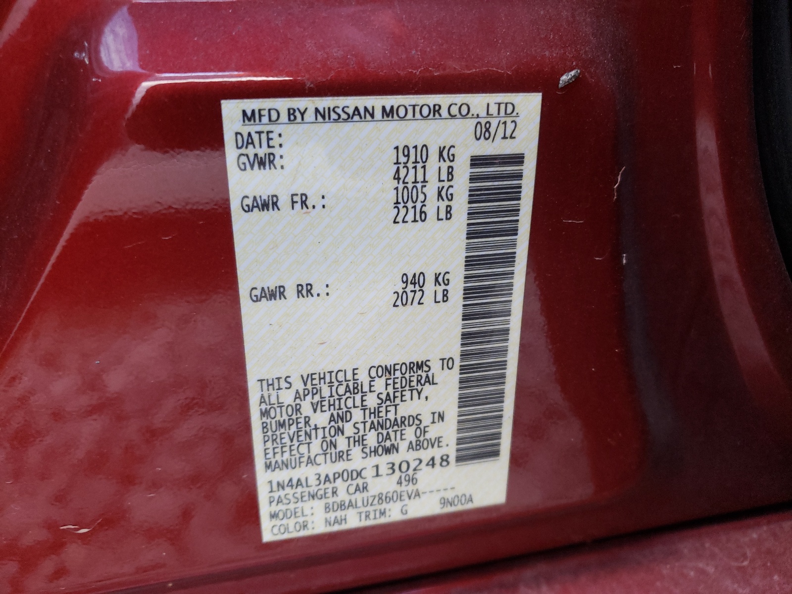 Photo 10 from auction – 2013 NISSAN ALTIMA 2.5 with VIN 1N4AL3AP0DC130248