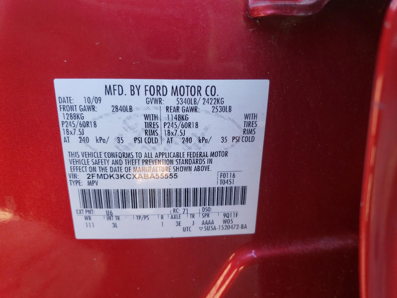 Photo 10 from auction – 2010 FORD EDGE LIMIT with VIN 2FMDK3KCXABA55555