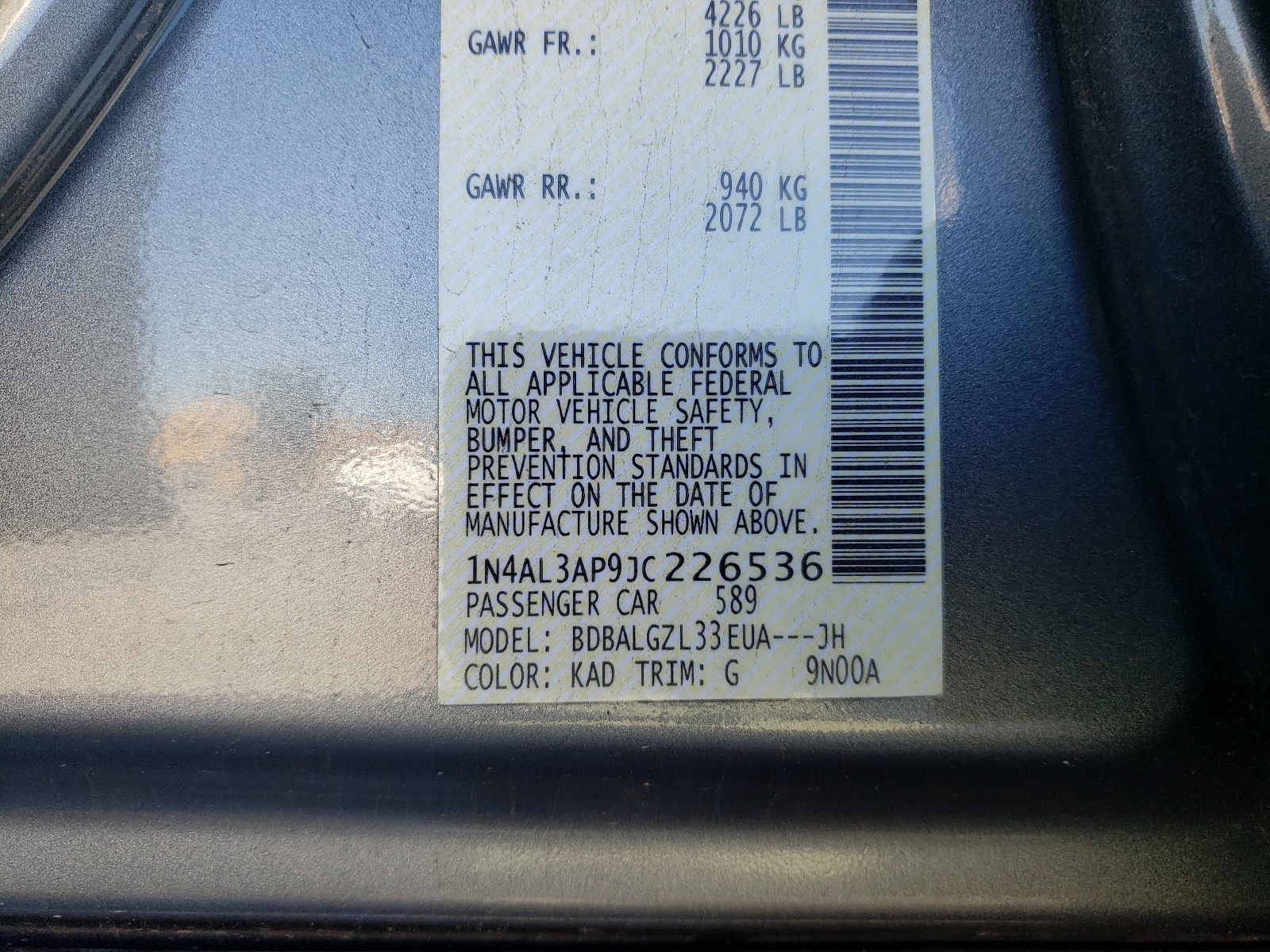 Photo 10 from auction – 2018 NISSAN ALTIMA 2.5 with VIN 1N4AL3AP9JC226536