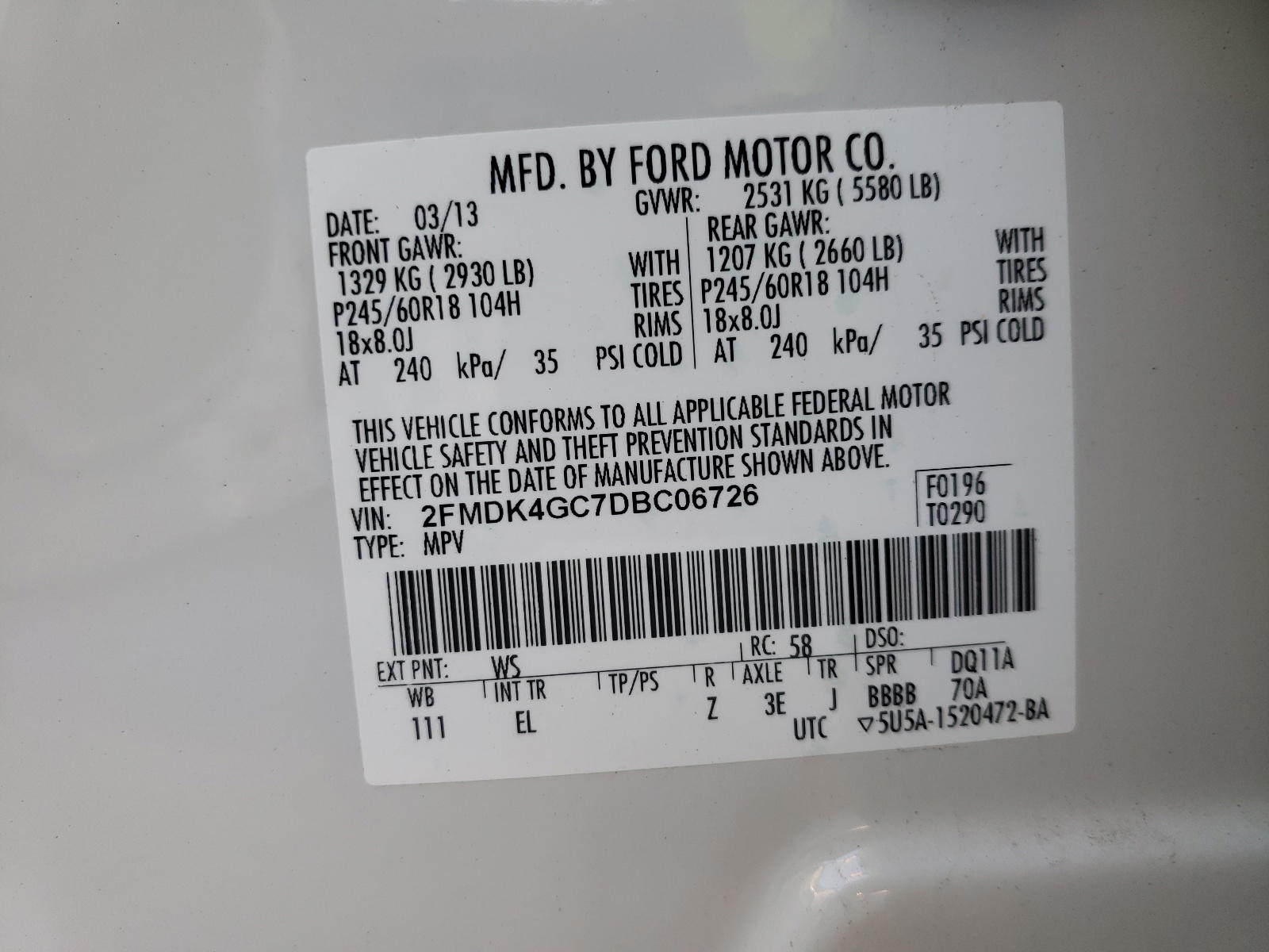 Photo 10 from auction – 2013 FORD EDGE SE with VIN 2FMDK4GC7DBC06726