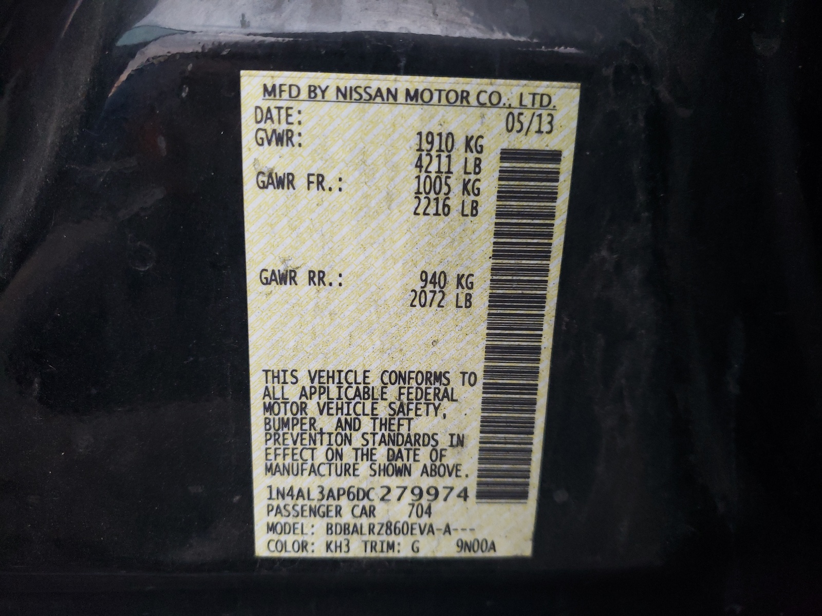 Photo 10 from auction – 2013 NISSAN ALTIMA 2.5 with VIN 1N4AL3AP6DC279974