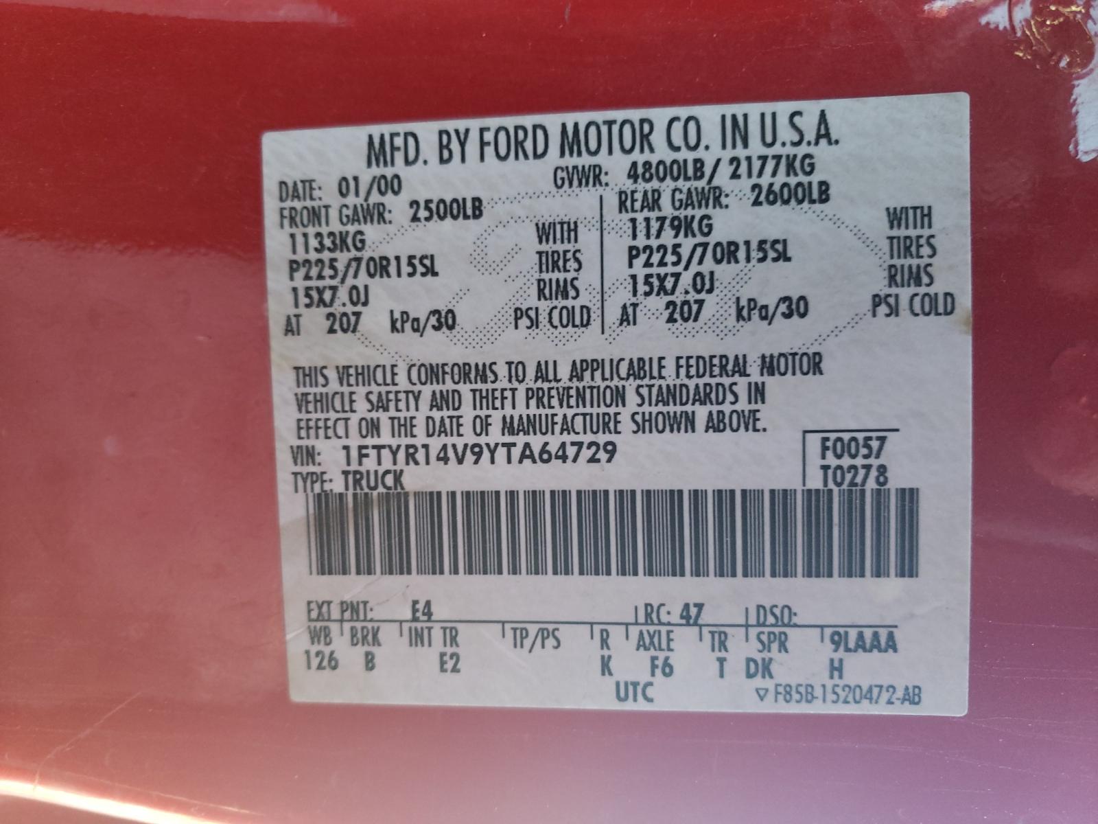 Photo 10 from auction – 2000 FORD RANGER SUP with VIN 1FTYR14V9YTA64729