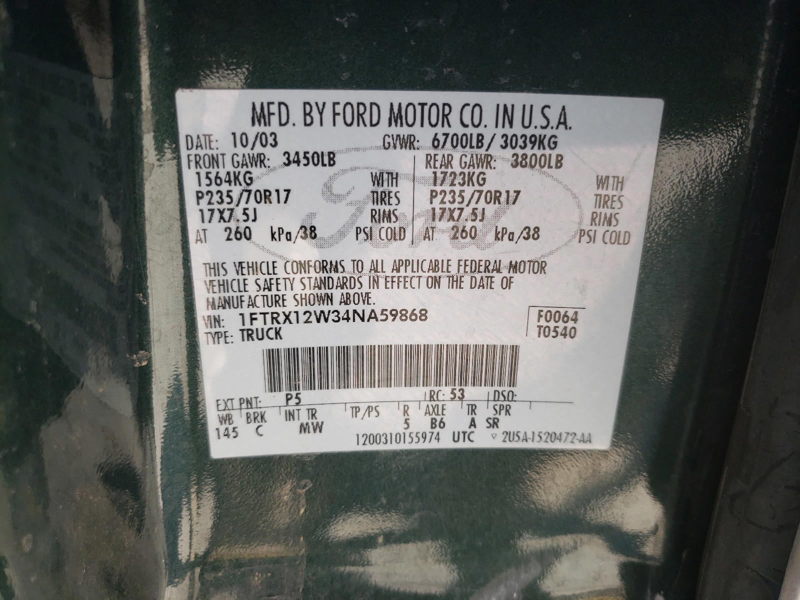 Photo 10 from auction – 2004 FORD F150 with VIN 1FTRX12W34NA59868