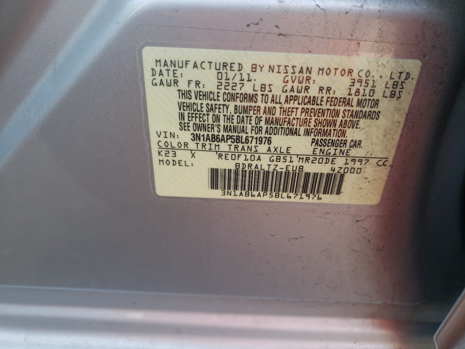 Photo 10 from auction – 2011 NISSAN SENTRA 2.0 with VIN 3N1AB6AP5BL671976