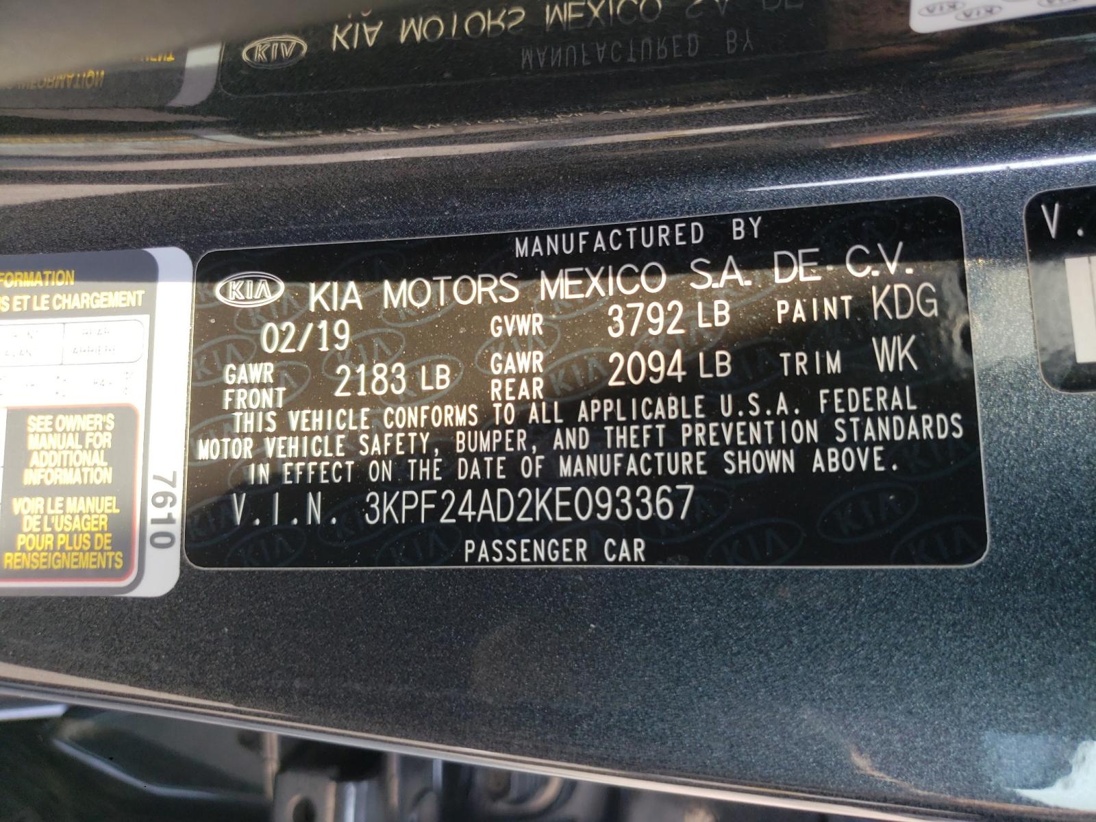 Photo 10 from auction – 2019 KIA FORTE FE with VIN 3KPF24AD2KE093367