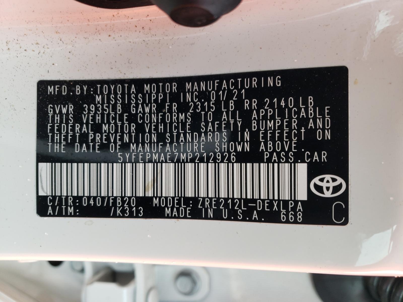 Photo 10 from auction – 2021 TOYOTA COROLLA LE with VIN 5YFEPMAE7MP212926