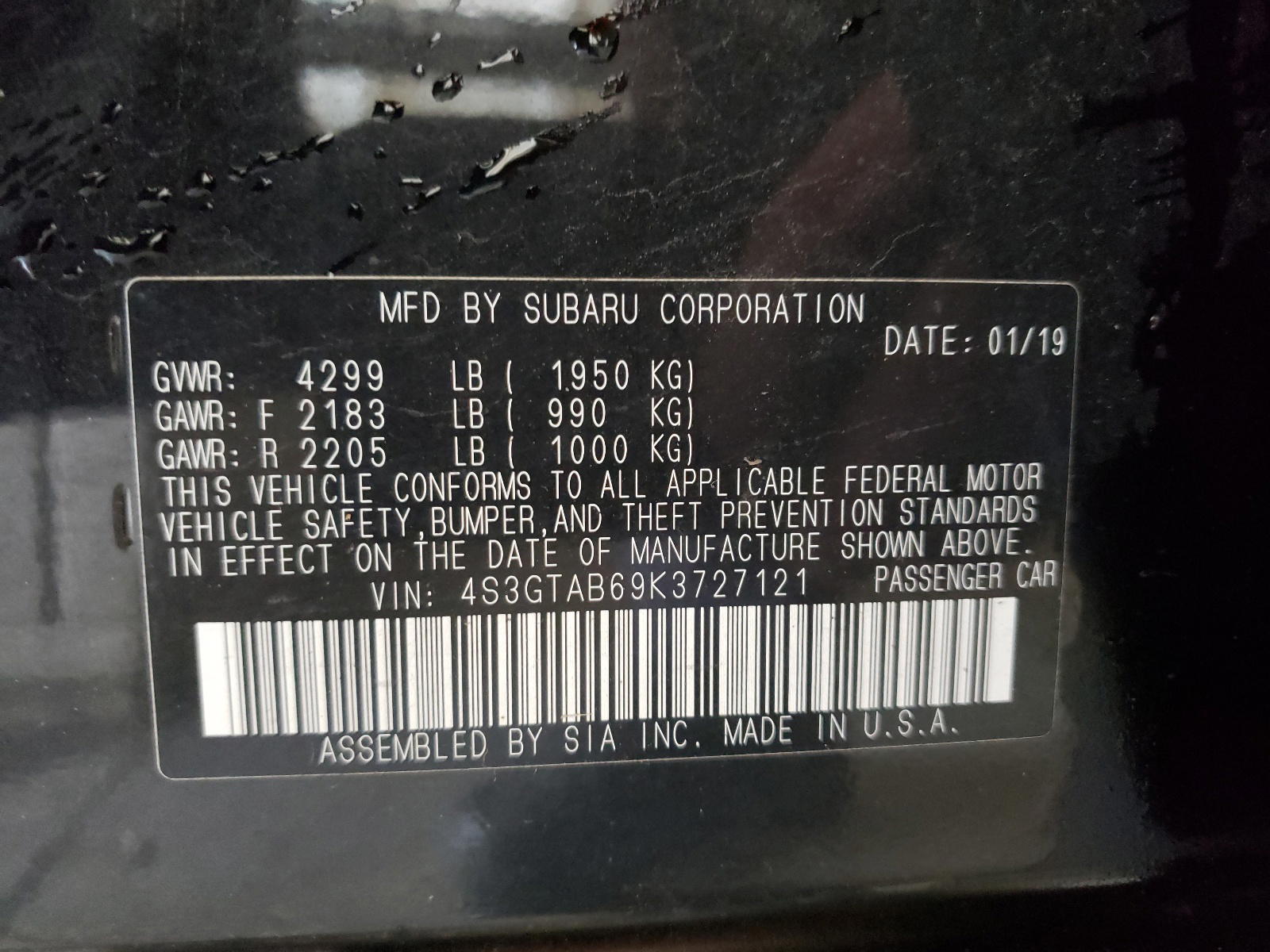 Photo 10 from auction – 2019 SUBARU IMPREZA with VIN 4S3GTAB69K3727121