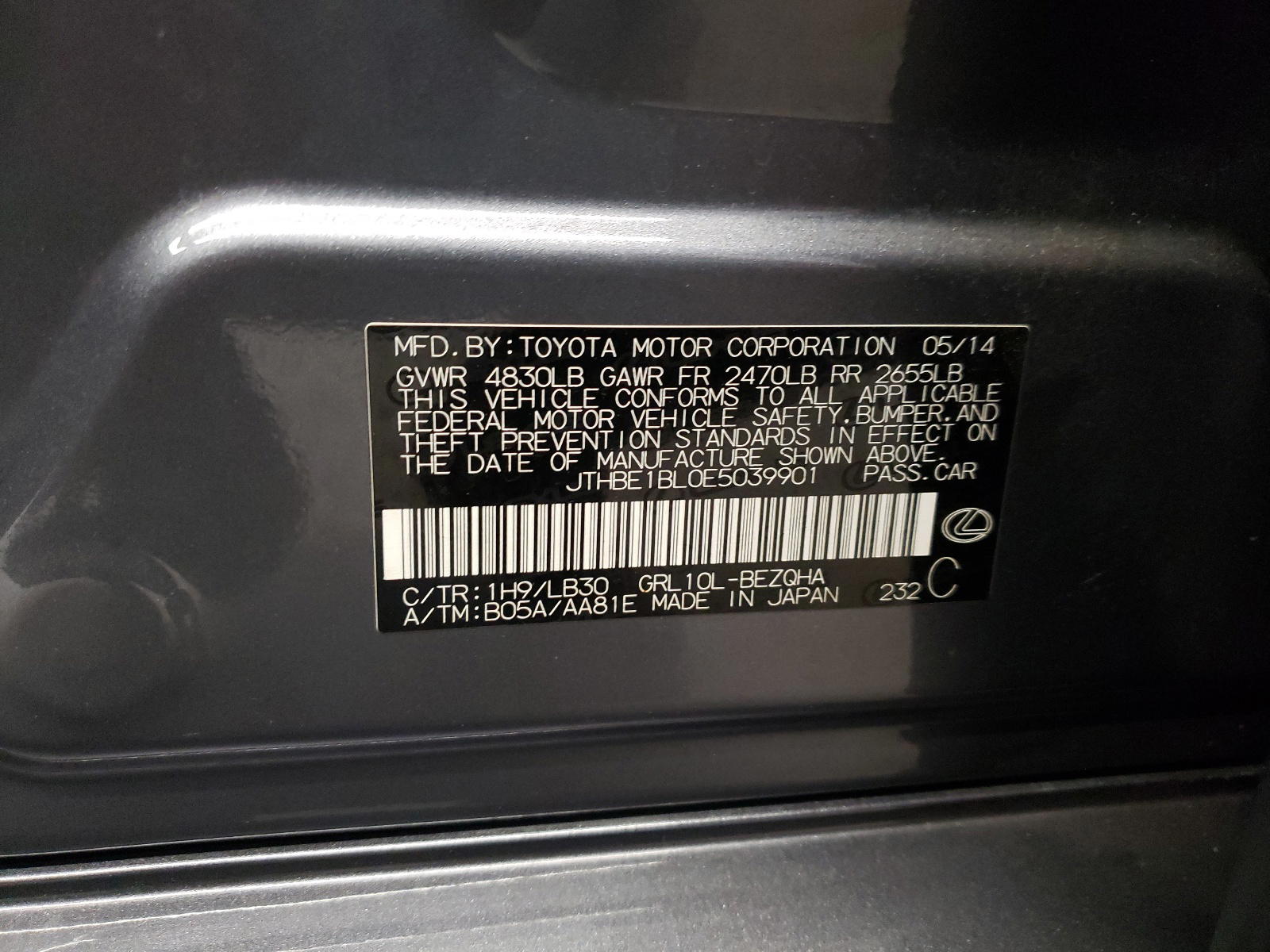 Photo 10 from auction – 2014 LEXUS GS 350 with VIN JTHBE1BL0E5039901