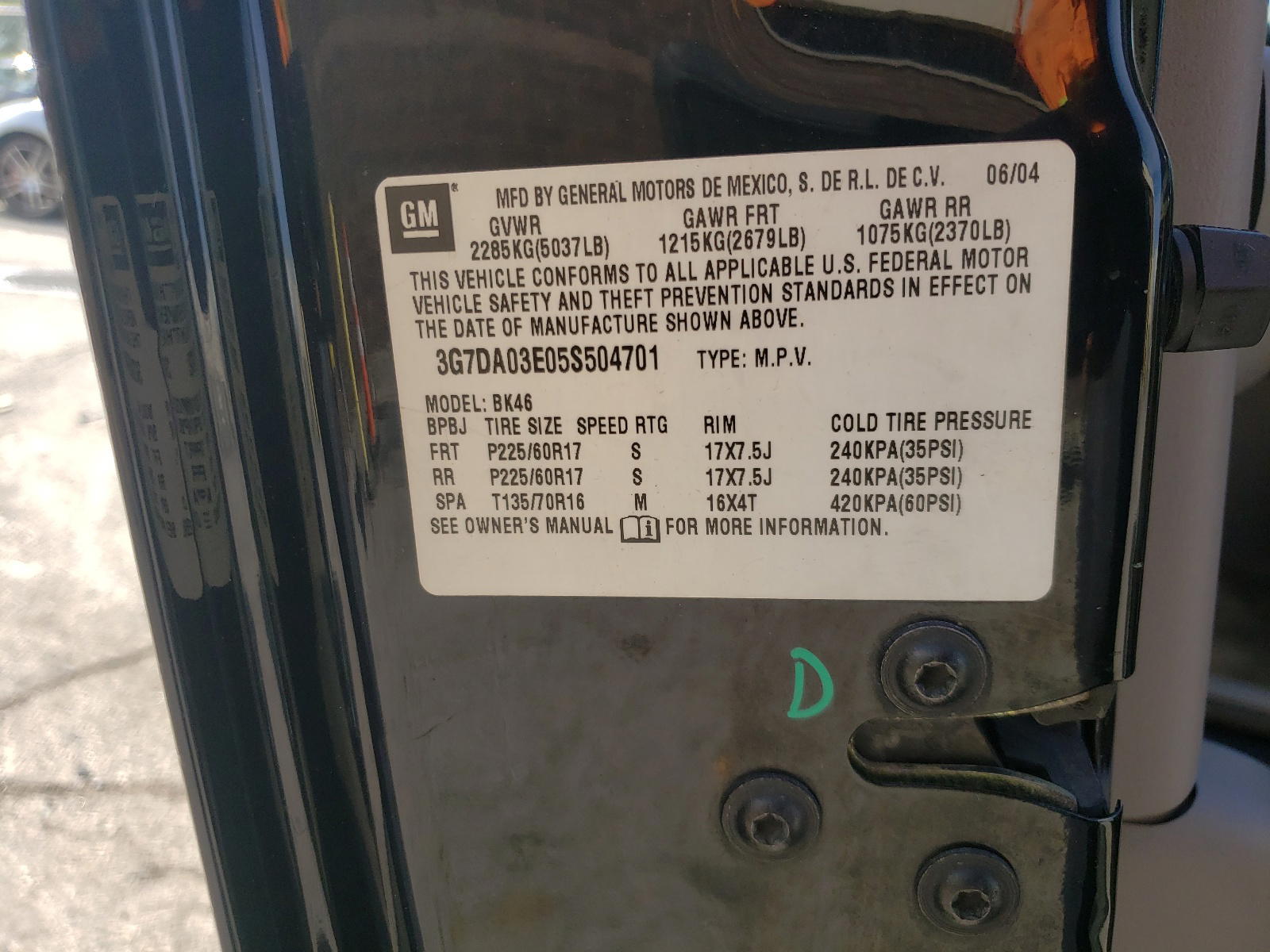 Photo 10 from auction – 2005 PONTIAC AZTEK with VIN 3G7DA03E05S504701