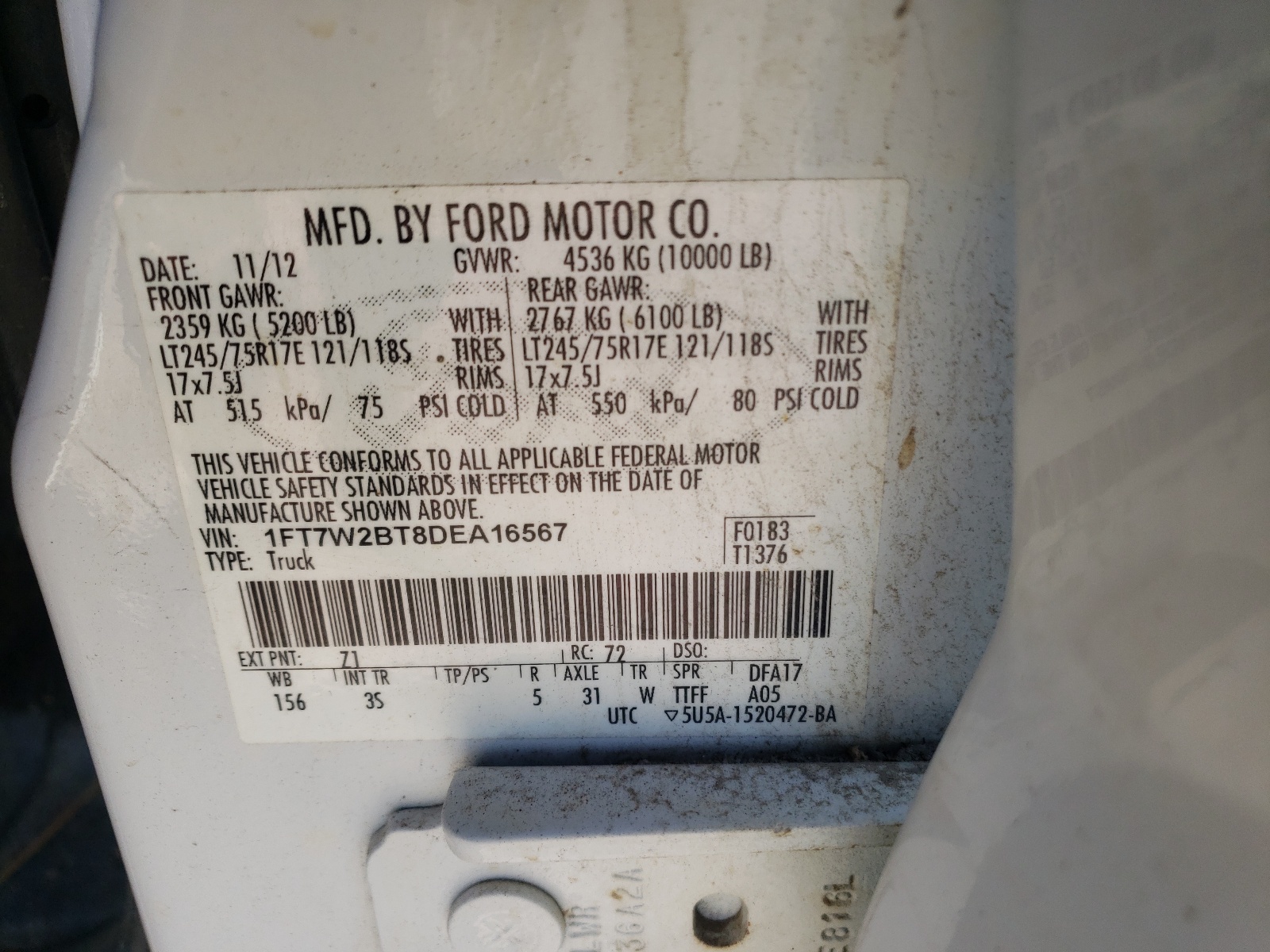 Photo 10 from auction – 2013 FORD F250 SUPER with VIN 1FT7W2BT8DEA16567