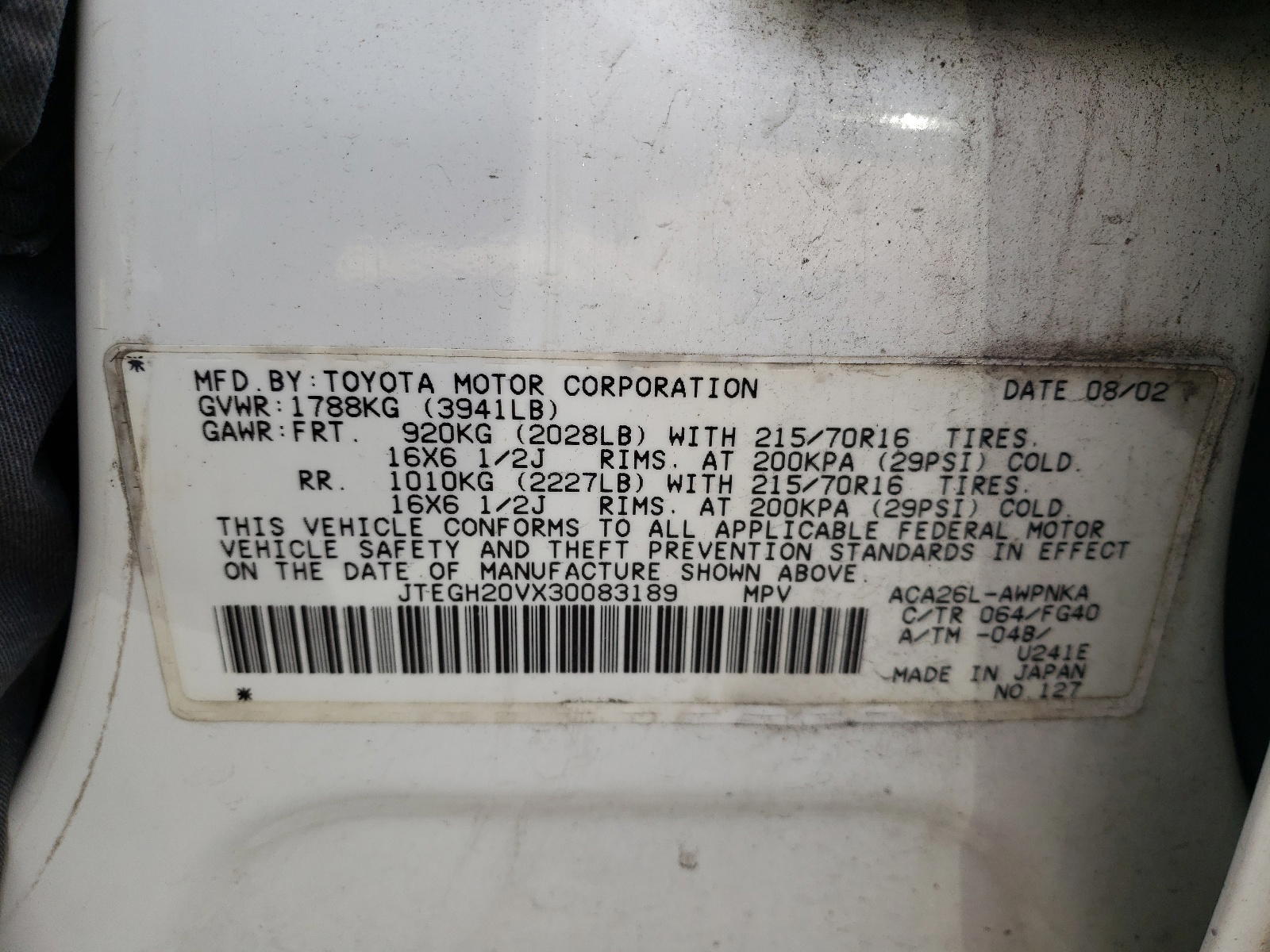 Photo 10 from auction – 2003 TOYOTA RAV4 with VIN JTEGH20VX30083189
