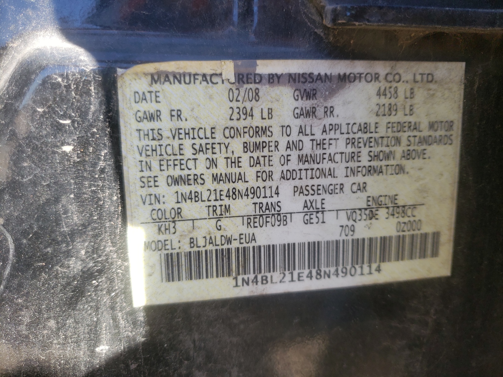 Photo 10 from auction – 2008 NISSAN ALTIMA 3.5 with VIN 1N4BL21E48N490114