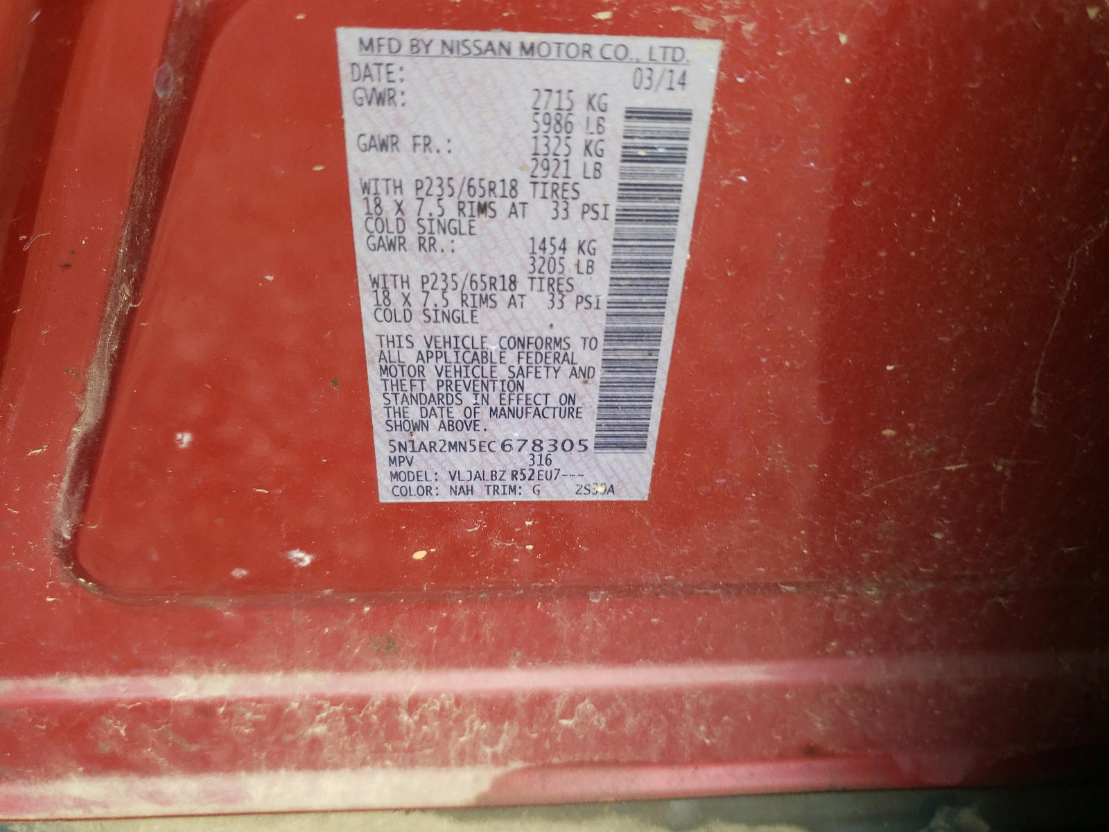 Photo 10 from auction – 2014 NISSAN PATHFINDER with VIN 5N1AR2MN5EC678305