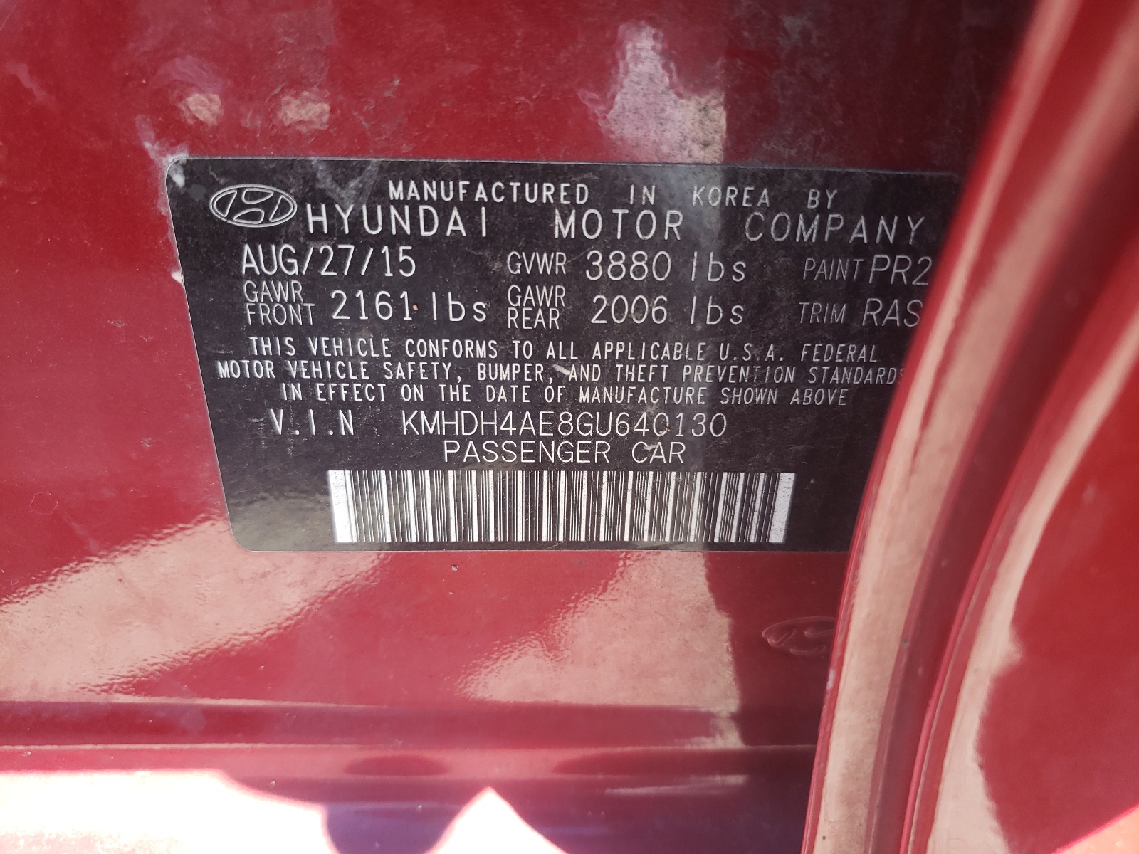 Photo 10 from auction – 2016 HYUNDAI ELANTRA SE with VIN KMHDH4AE8GU640130